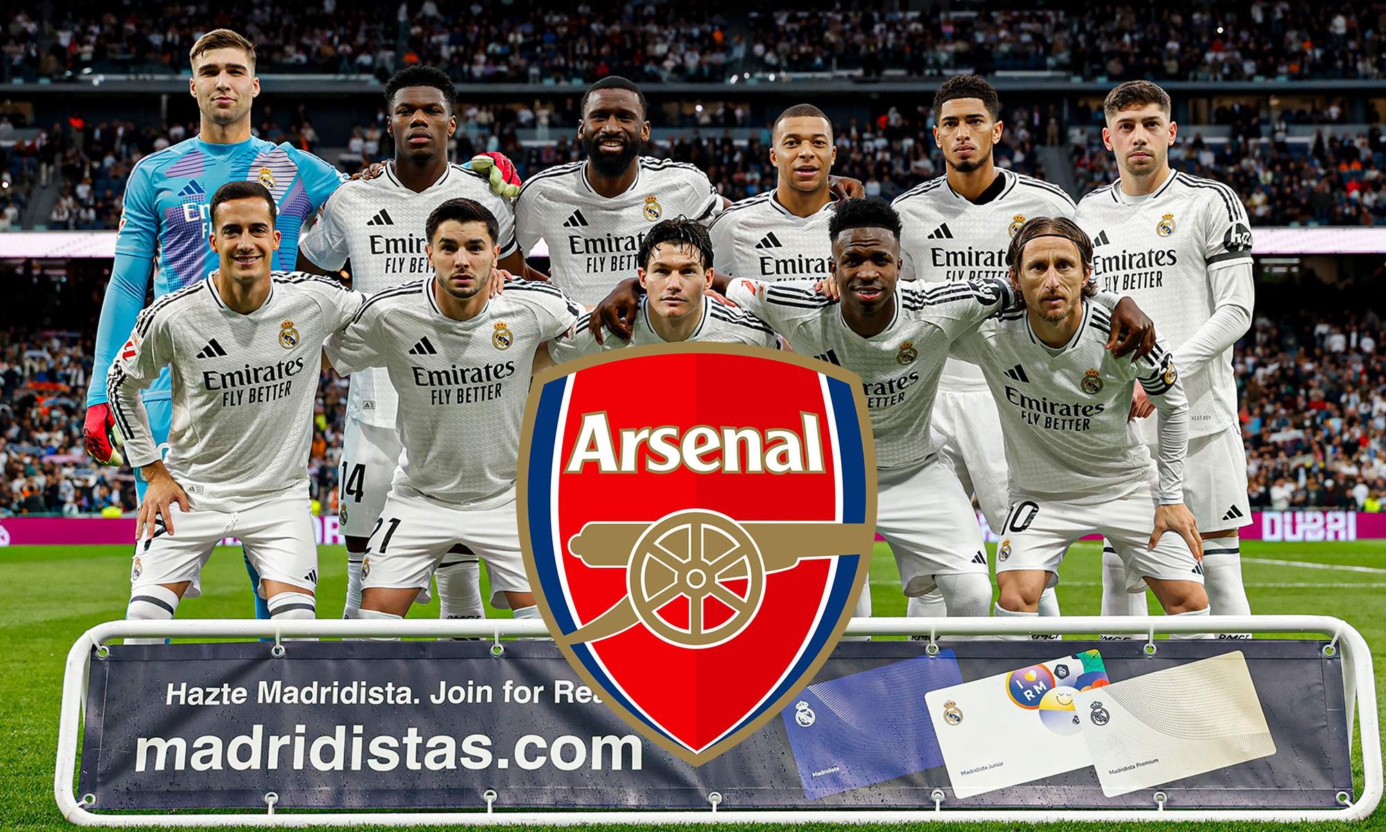 Jugadores del Real Madrid y escudo del Arsenal.
