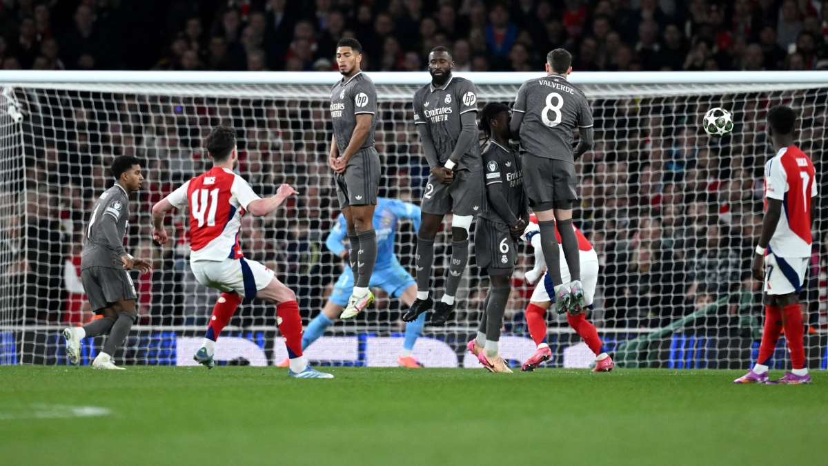 Uno de los dos goles de falta de Declan Rice ante el Real Madrid. Uno de los dos goles de falta de Declan Rice ante el Real Madrid.