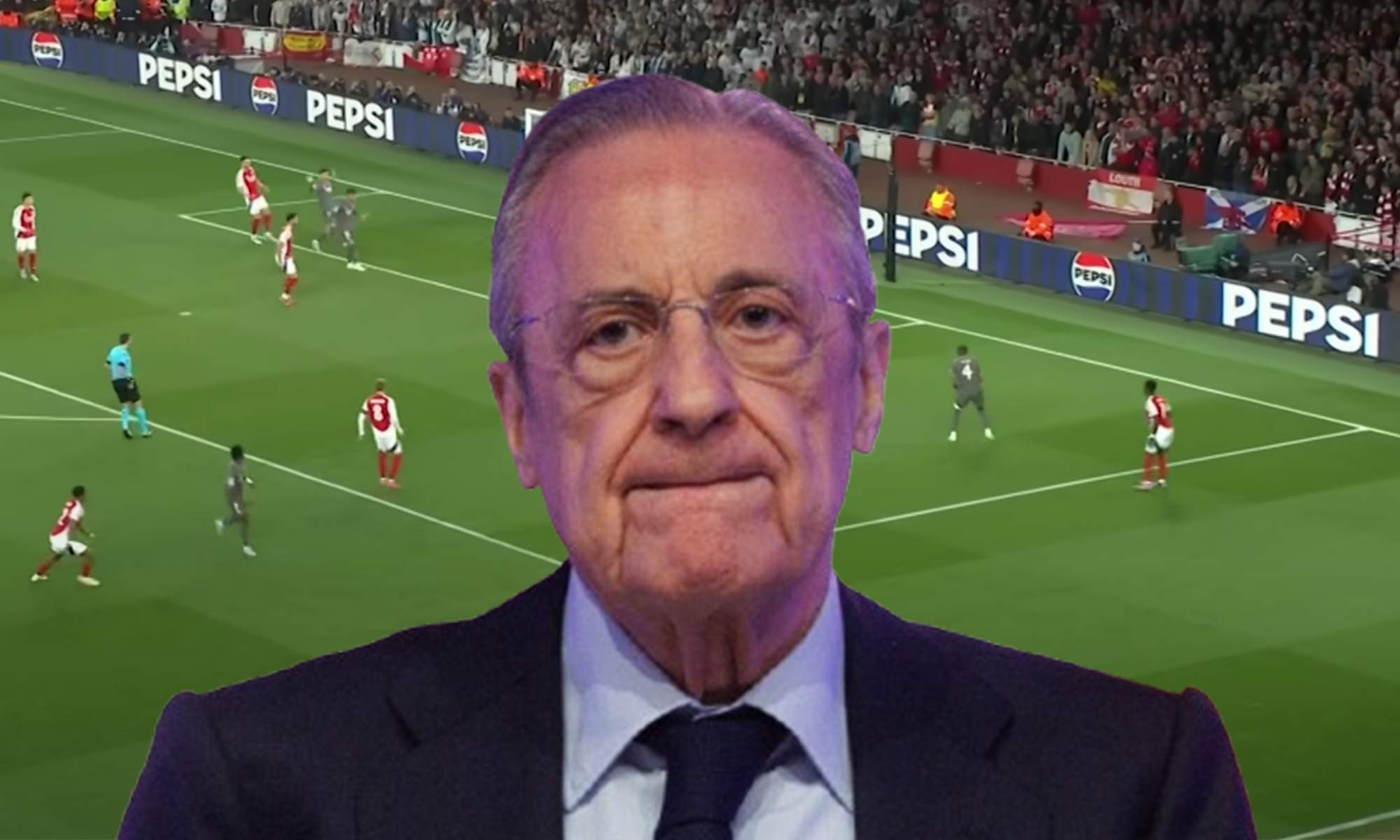 Florentino Pérez y una captura del Arsenal - Real Madrid.
