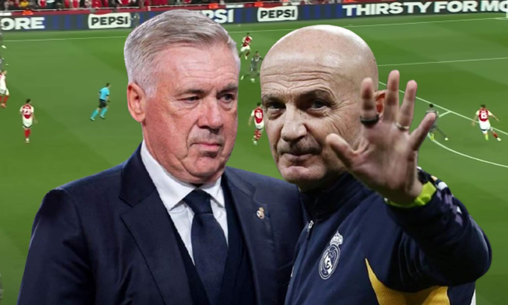 Carlo Ancelotti, Antonio Pintus y una captura del Arsenal - Real Madrid. 
