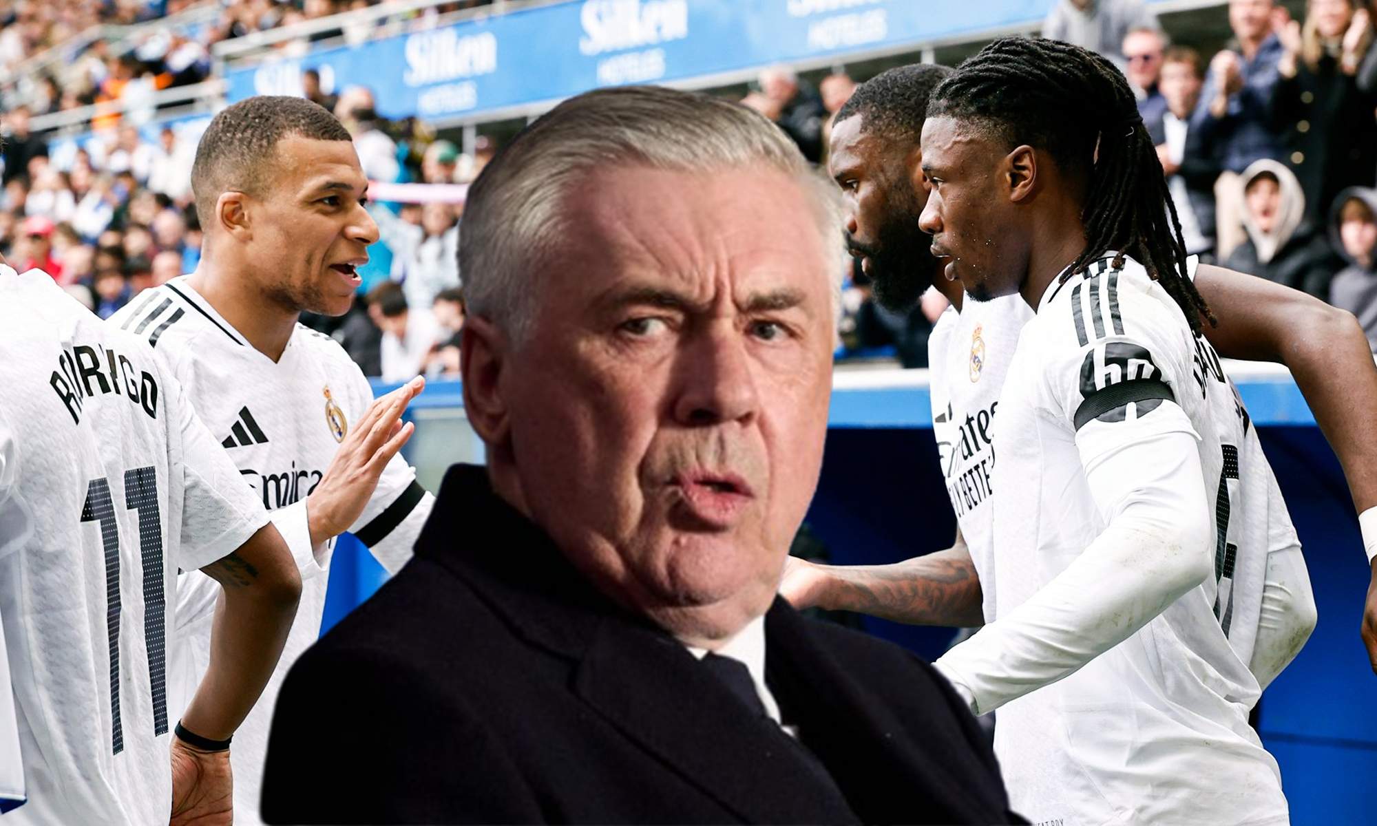 Carlo Ancelotti y Kylian Mbappé, Eduardo Camavinga y Antonio Rüdiger celebrando el gol contra el Alavés.