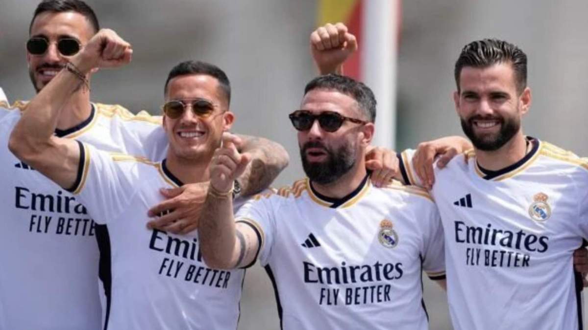 Lucas Vázquez, Carvajal, Joselu y Nacho en la celebración de la última Champions del Real Madrid