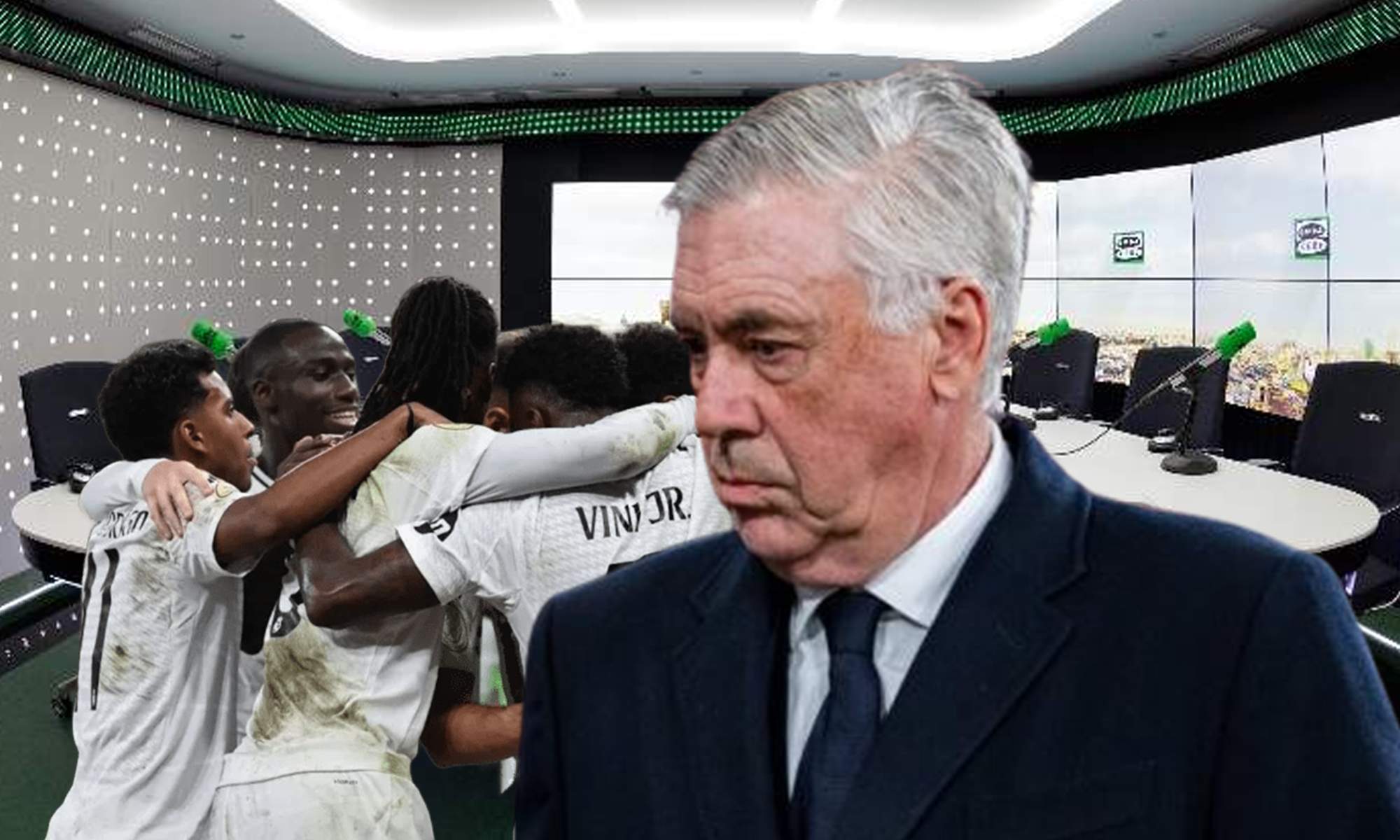 Carlo Ancelotti, jugadores del Real Madrid y estudio de Onda Cero.