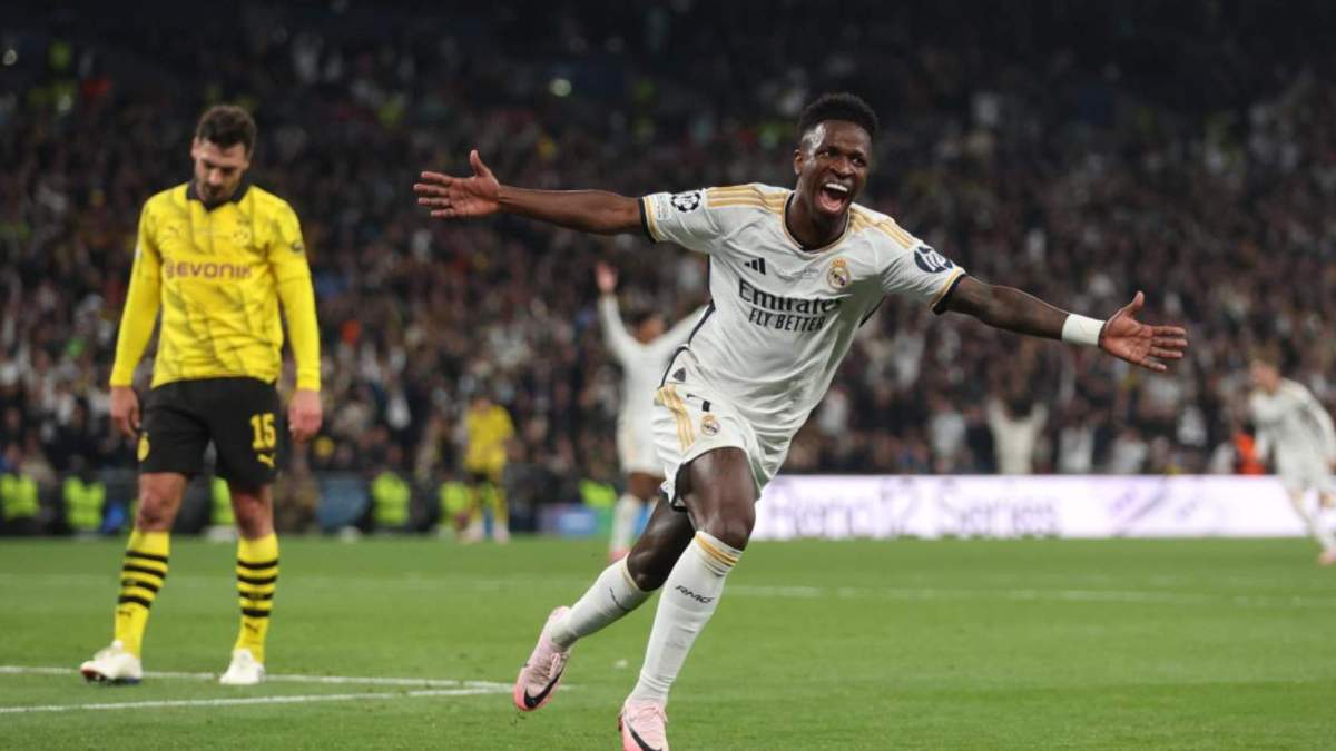 Vinicius, celebrando un gol en la final de la Champions del año pasado frente al Borussia Dortmund. Vinicius, celebrando un gol en la final de la Champions del año pasado frente al Borussia Dortmund.
