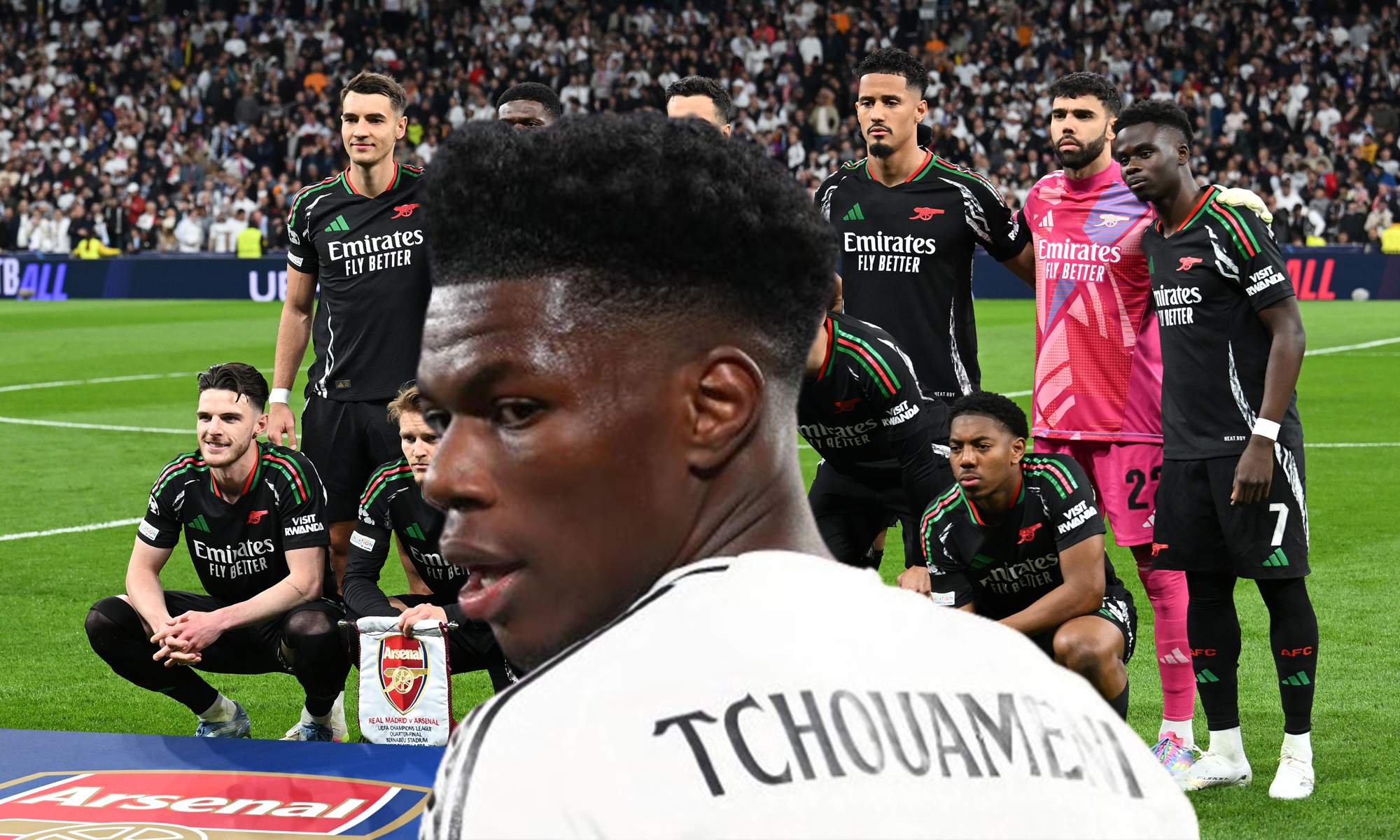 Aurélien Tchouaméni y el once del Arsenal en un partido.