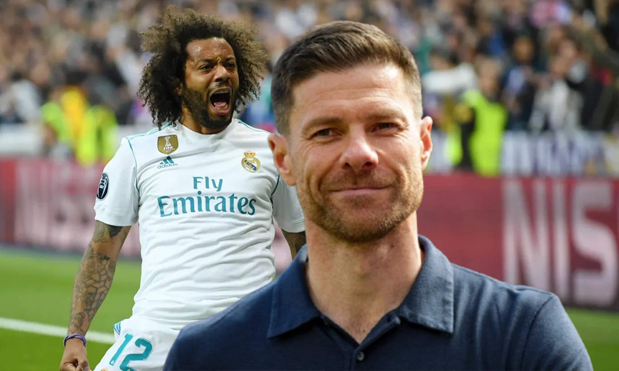 Xabi Alonso y una foto de Marcelo en un partido con el Real Madrid. 