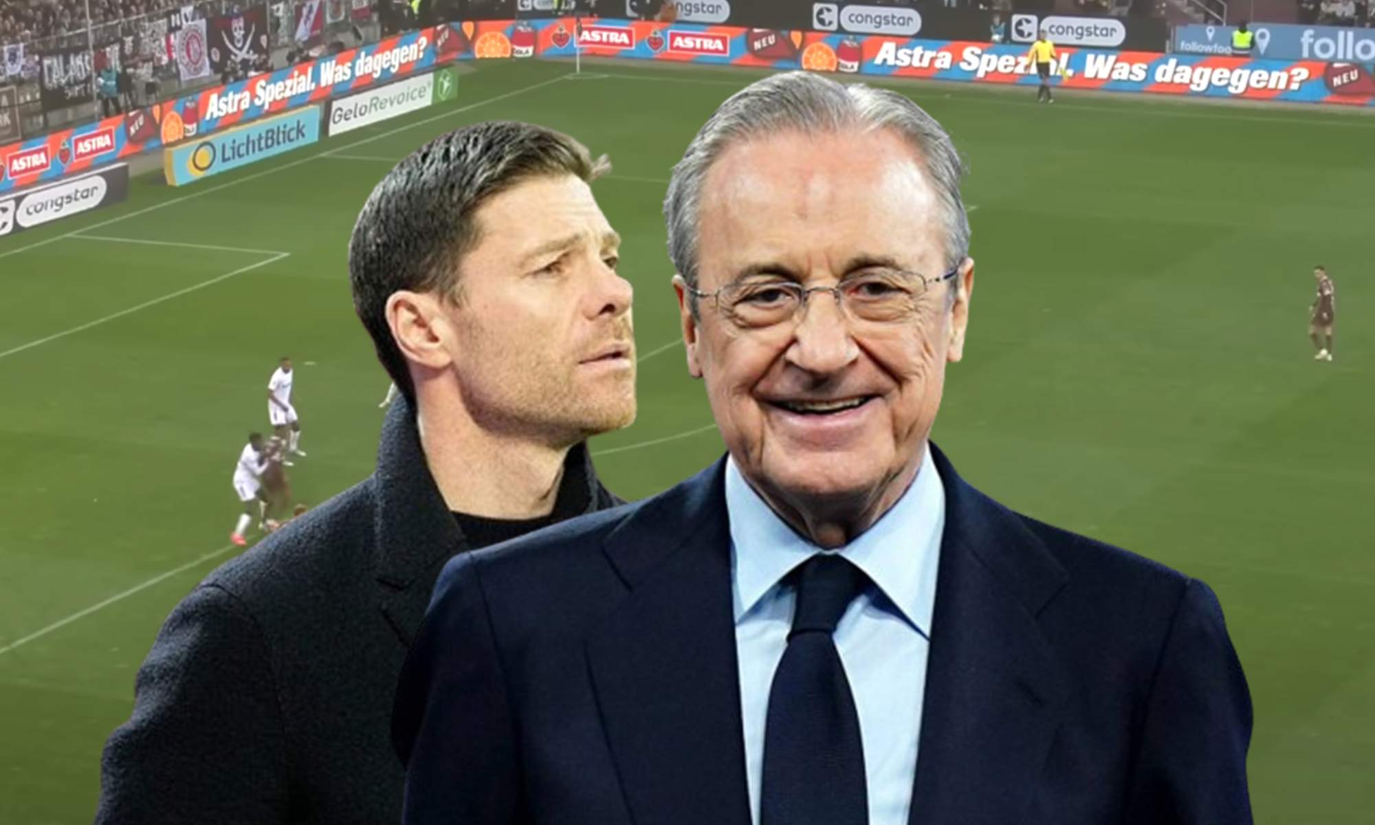 Xabi Alonso, Florentino Pérez y una captura de un partido del Bayer Leverkusen.
