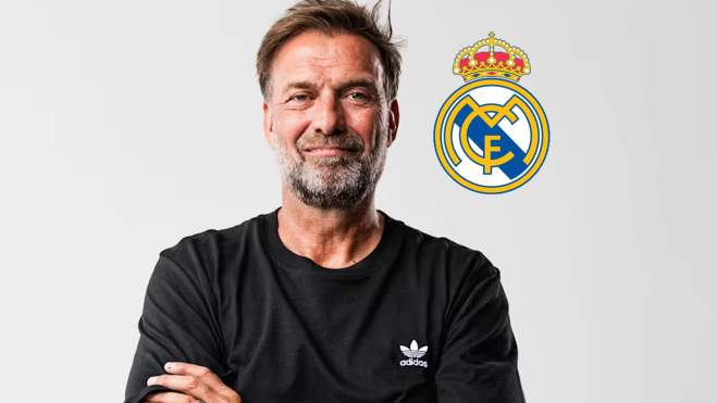Jürgen Klopp y un escudo del Real Madrid. Jürgen Klopp y un escudo del Real Madrid.