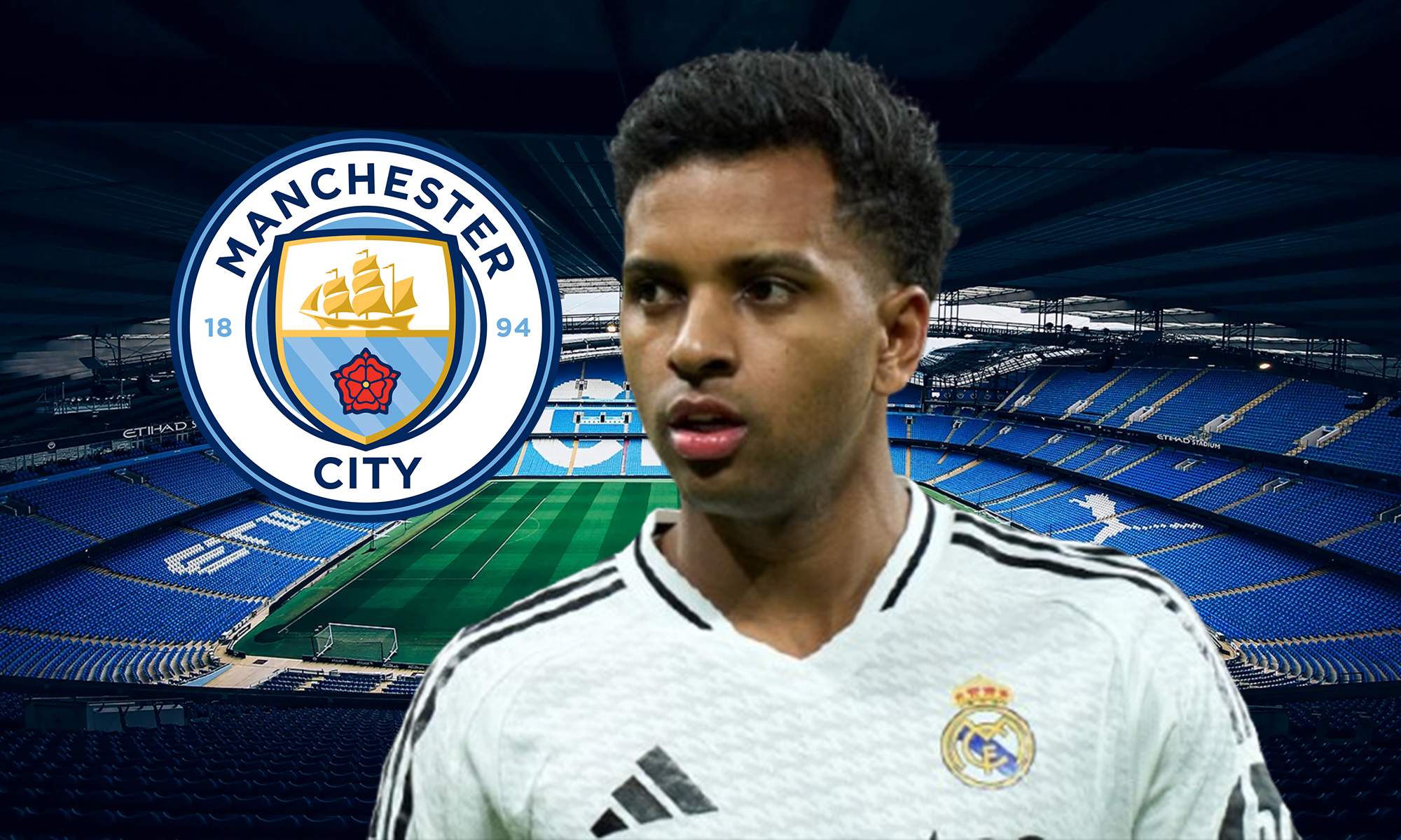 Rodrygo Goes, el Etihad Stadium y el escudo del Manchester City.