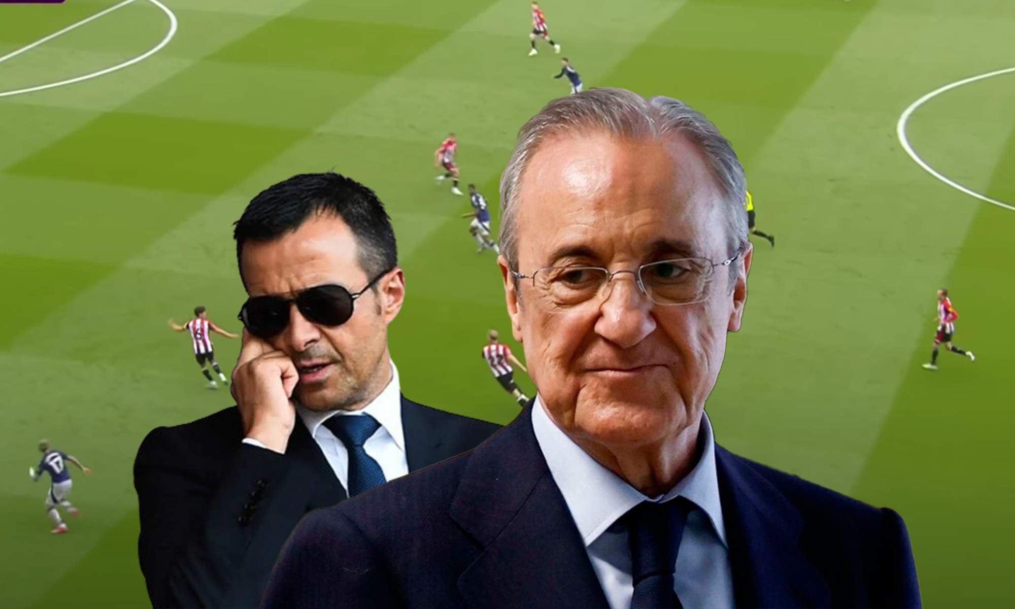 Florentino Pérez, Jorge Mendes y una captura de un partido del Manchester United.