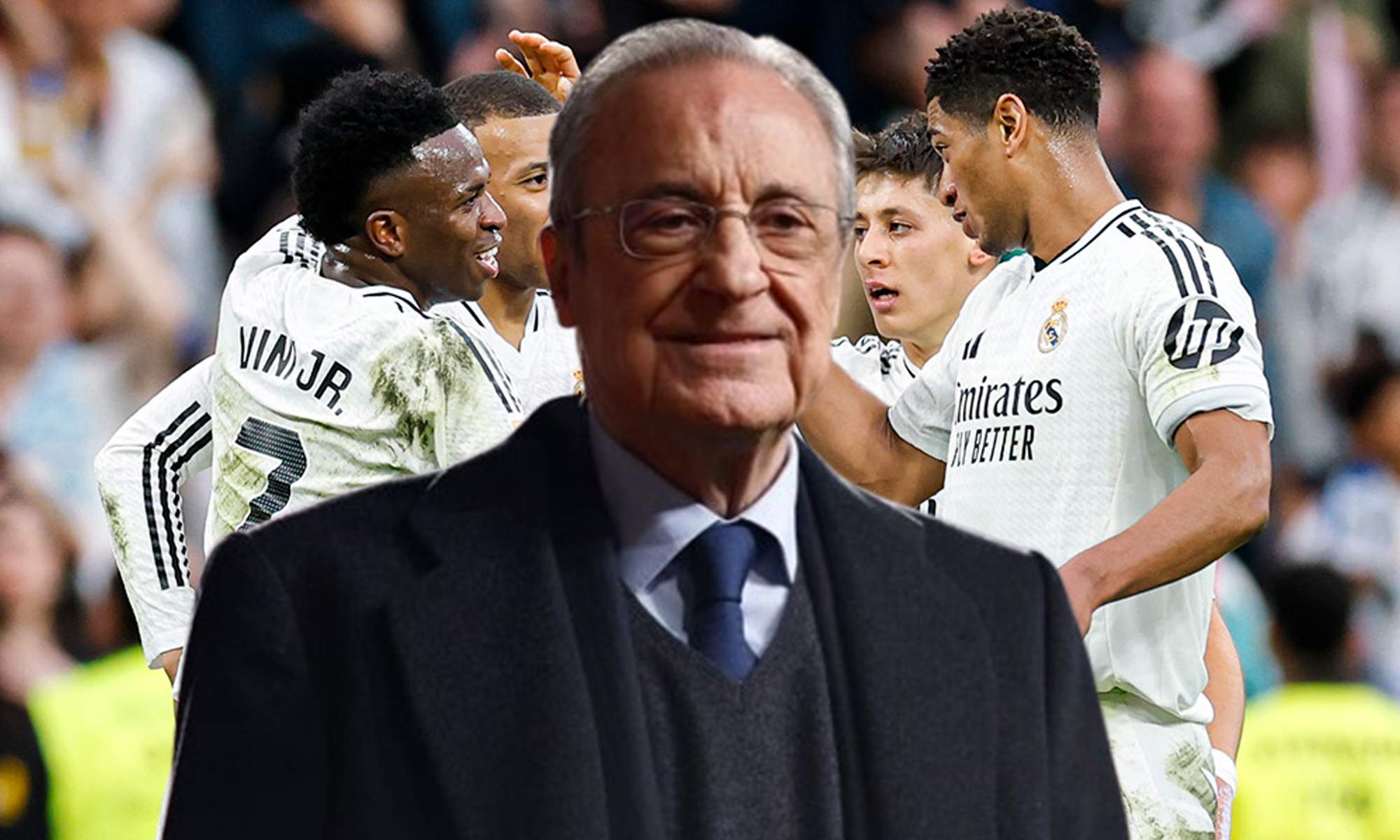 Florentino Pérez y los jugadores del Real Madrid celebrando un gol. 