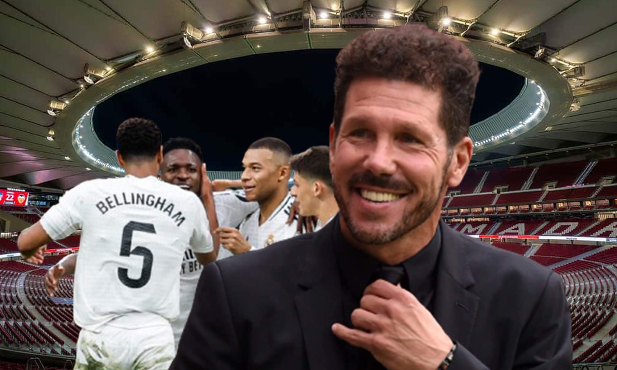 Cholo Simeone, jugadores del Real Madrid celebrando un gol y el Metropolitano.