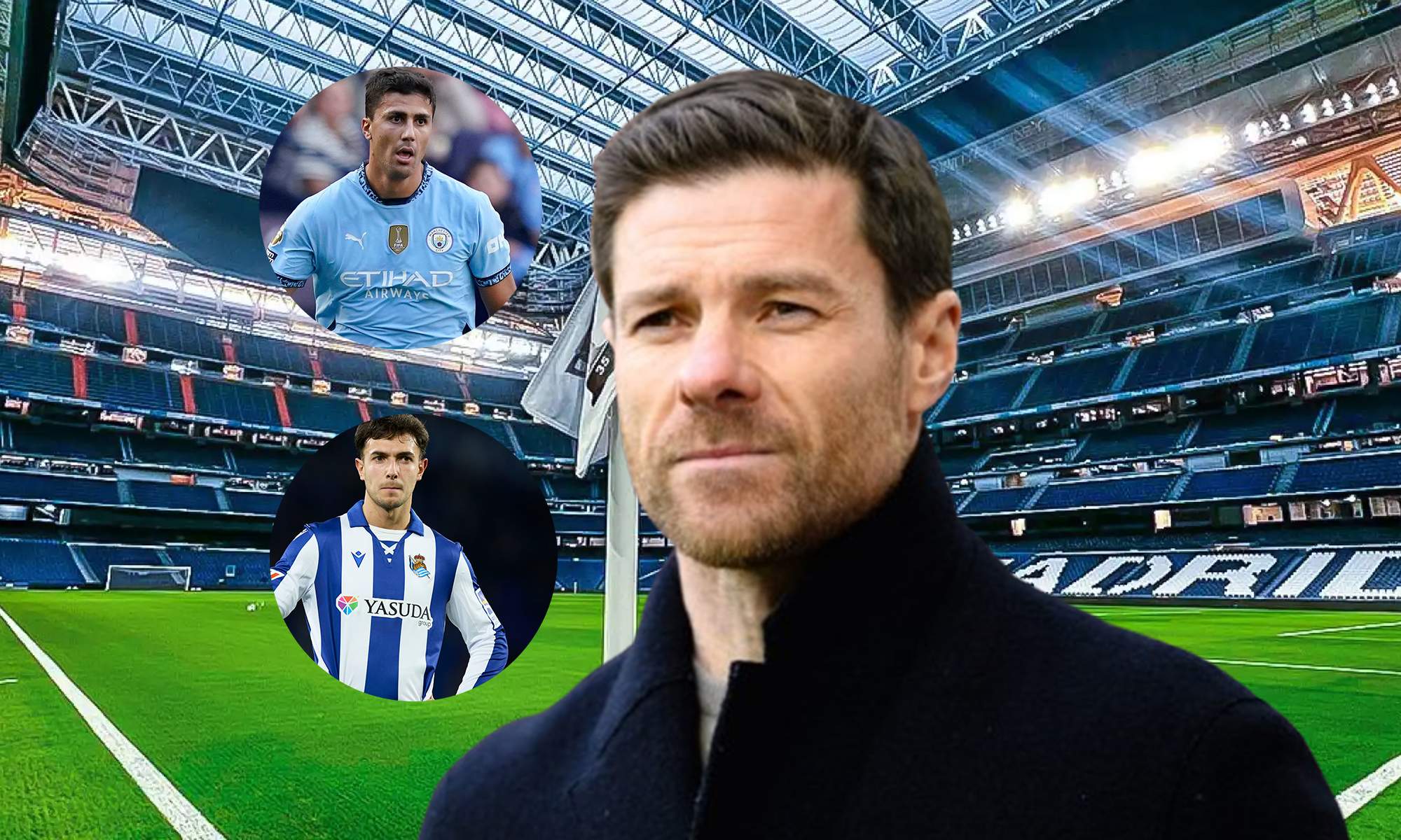 Xabi Alonso y una foto de Rodri Hernández y Martín Zubimendi.