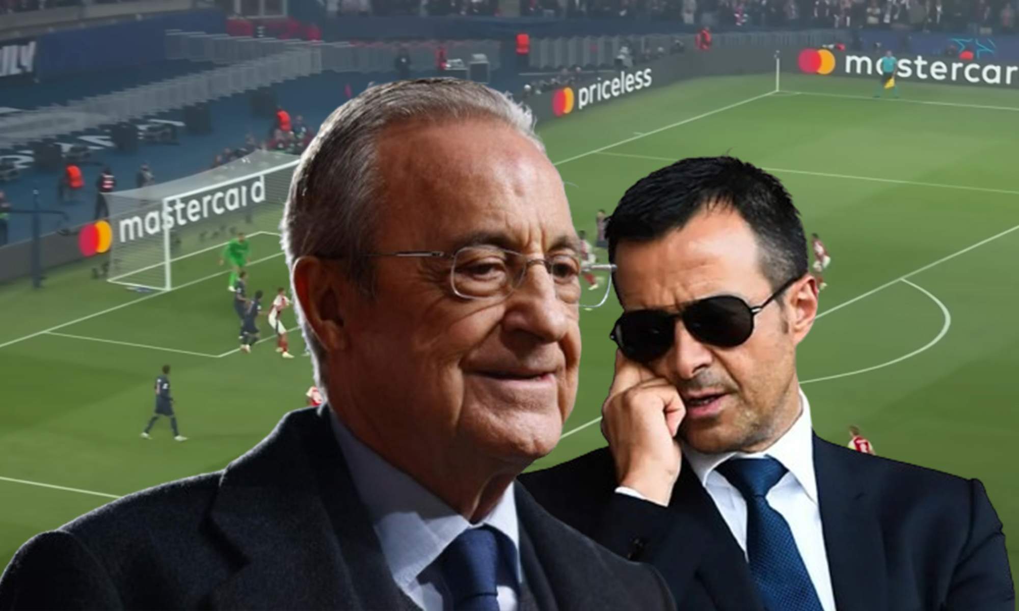Florentino Pérez, Jorge Mendes y una captura del PSG - Arsenal.