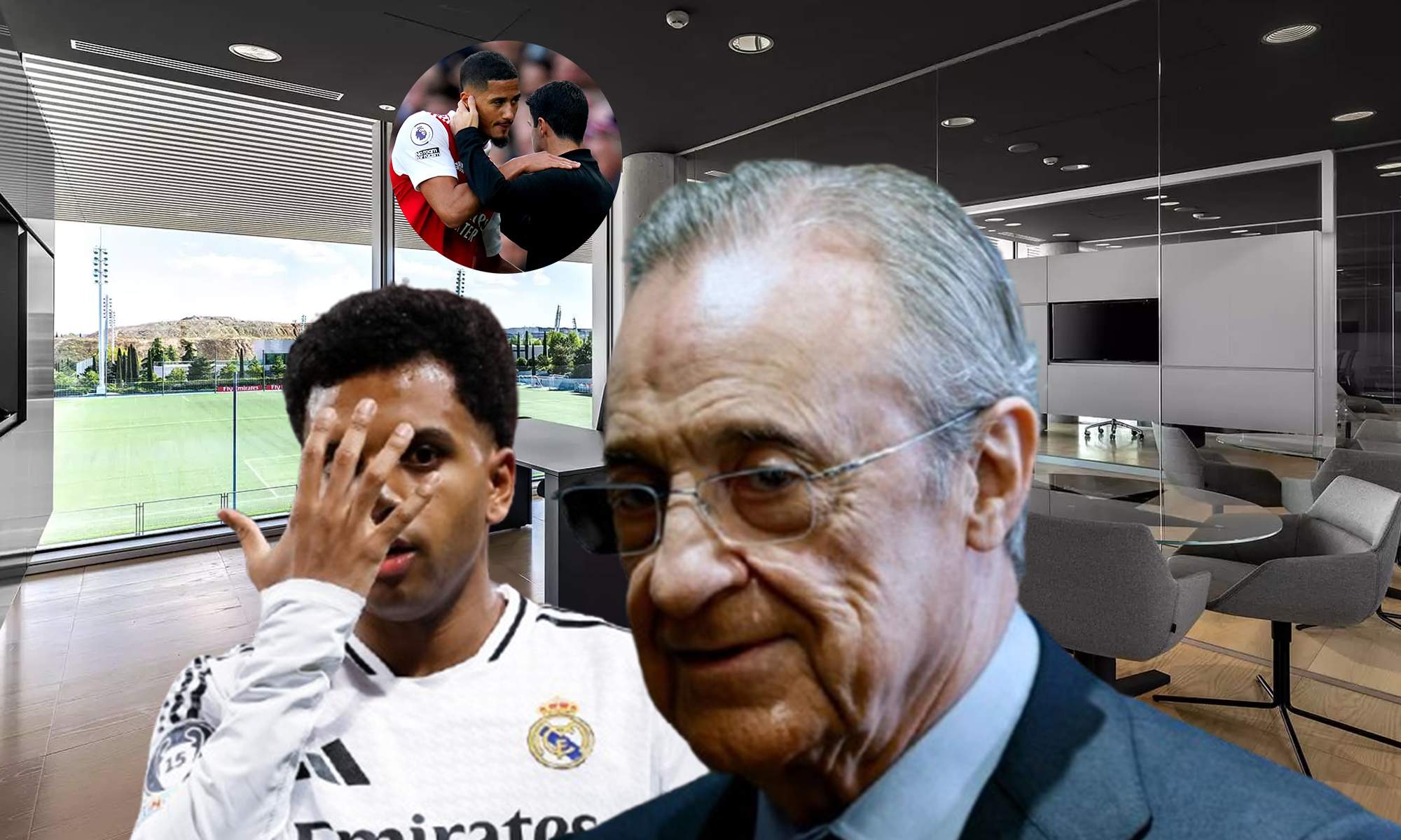 Florentino Pérez, Rodrygo Goes, William Saliba y Arteta.