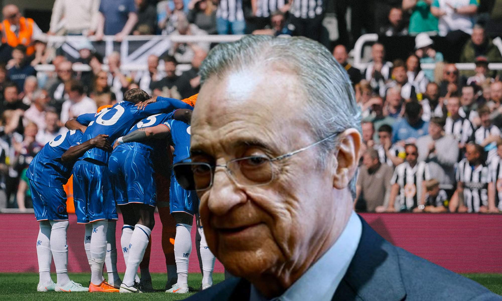Florentino Pérez y una foto de varios jugadores del Chelsea.