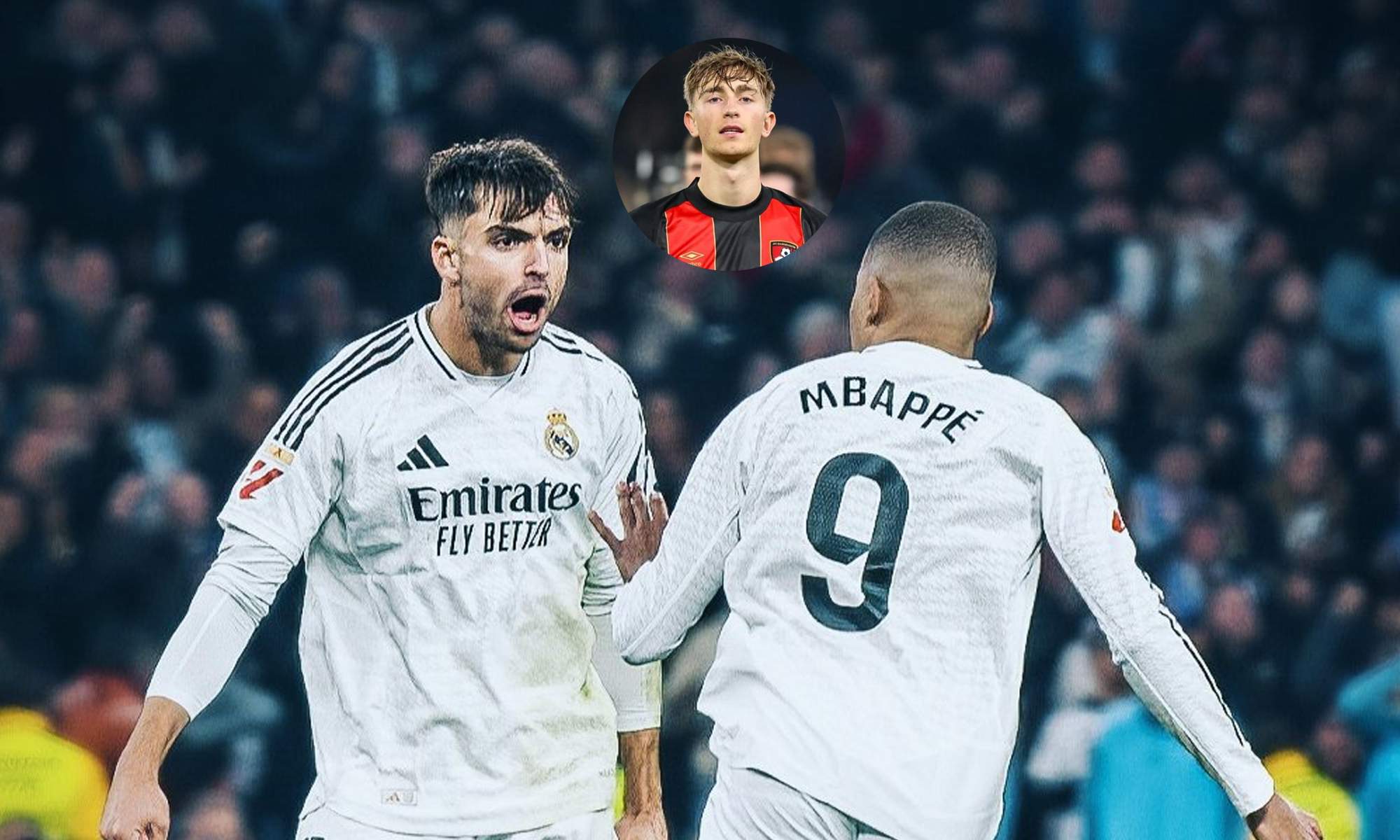Raúl Asencio, Kylian Mbappé y una foto de Dean Huijsen.