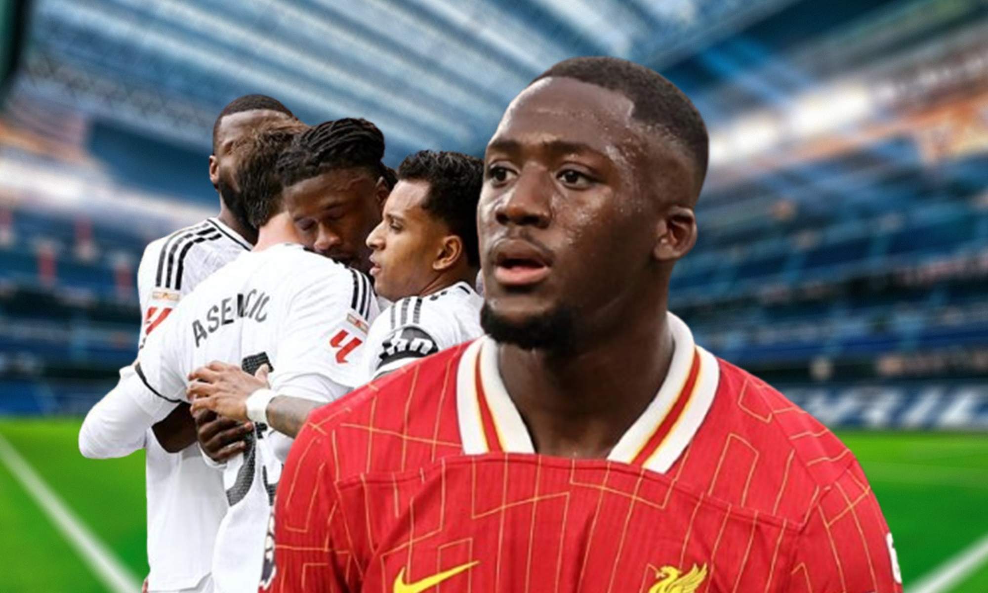 Konaté y jugadores del Real Madrid celebrando un gol.