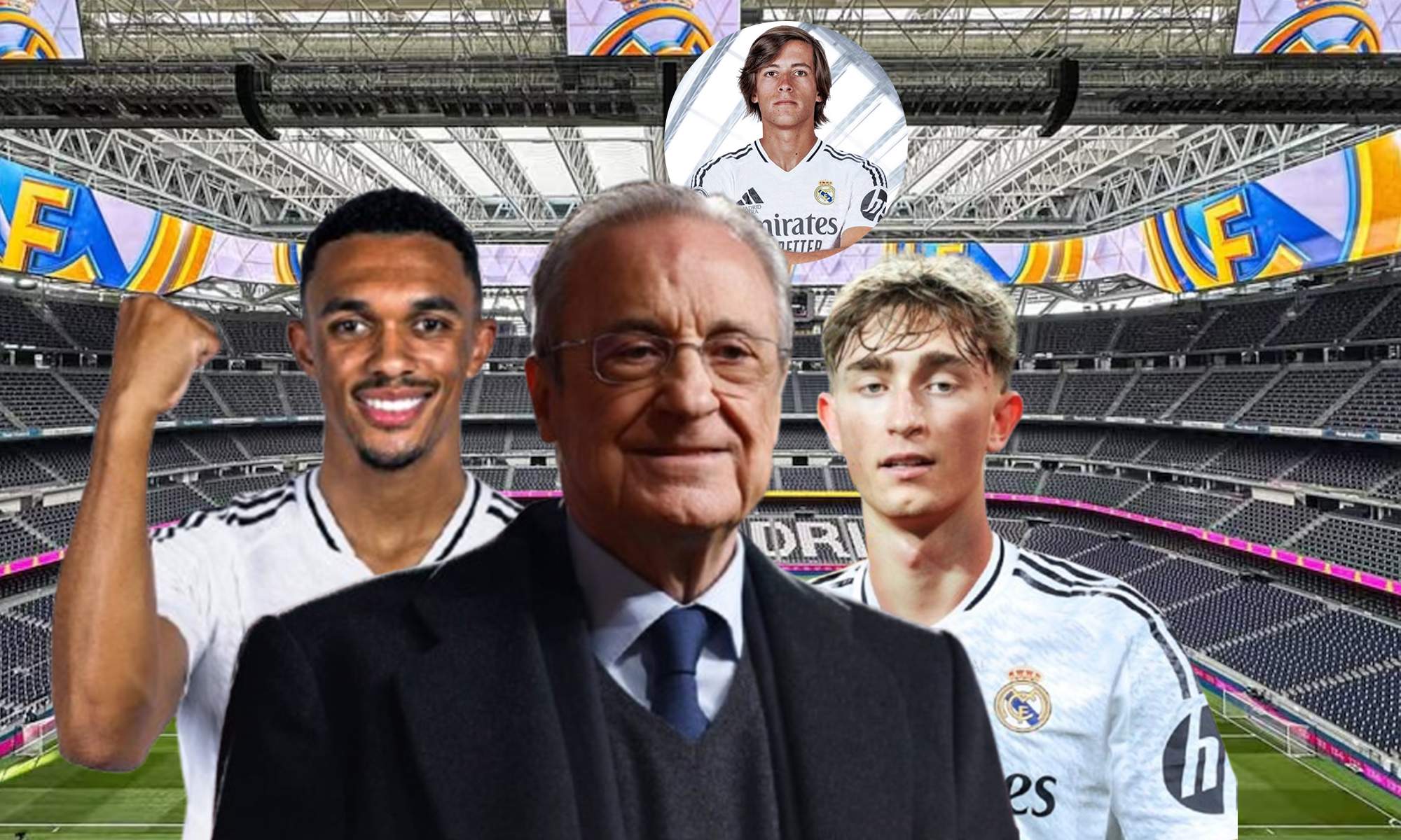 Florentino Pérez, Alexander-Arnold, Dean Huijsen y Álvaro Carreras.