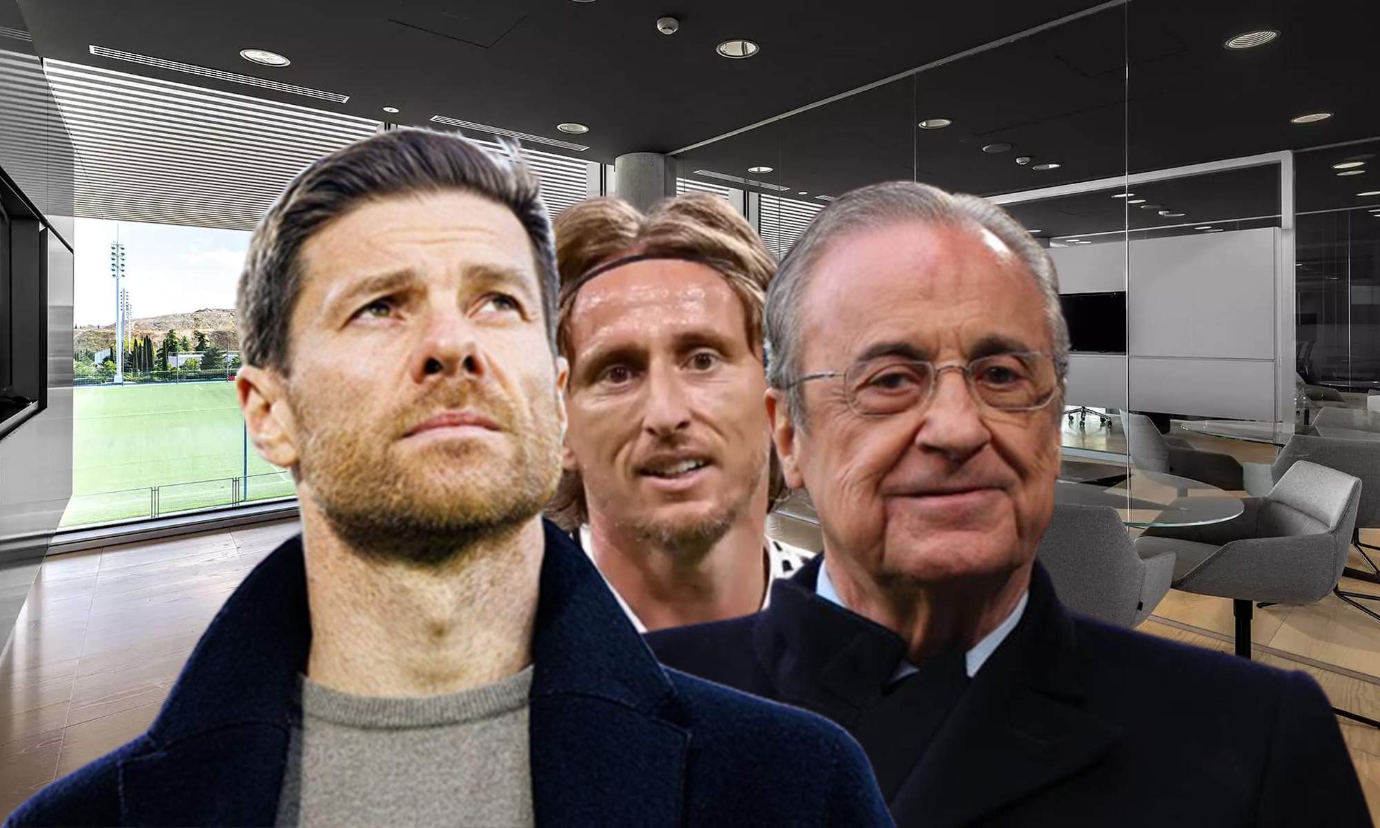 Xabi Alonso, Luka Modric y Florentino Pérez.