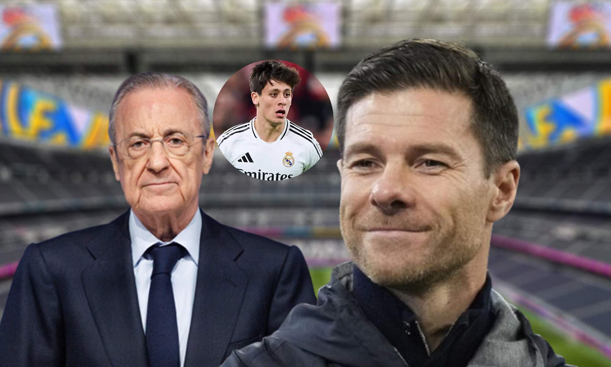 Florentino Pérez, Arda Güler y Xabi Alonso.