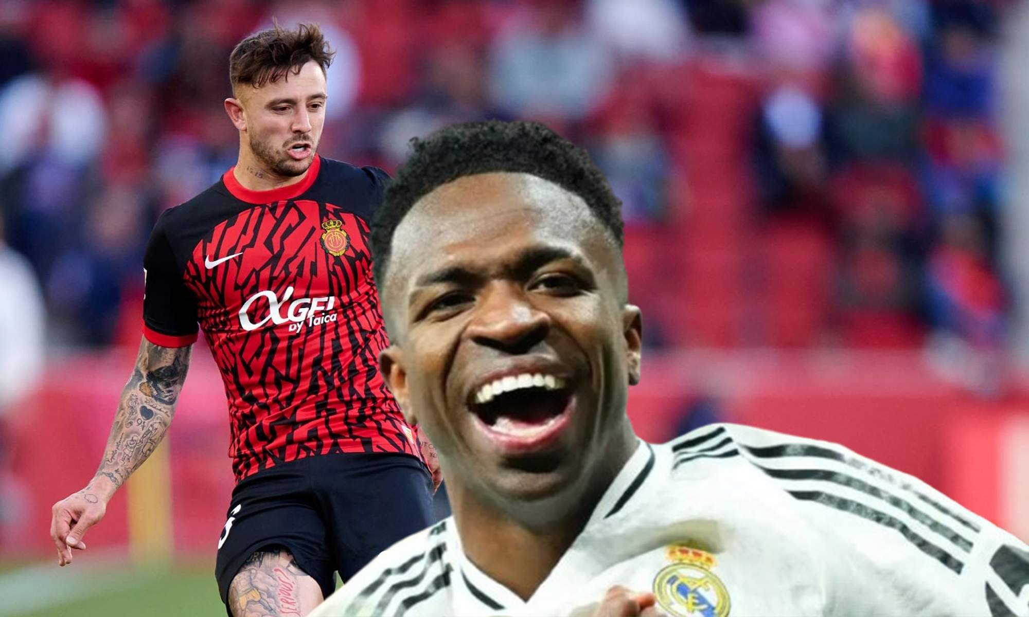 VInícius Júnior riendo y una foto de Pablo Maffeo durante un partido. VInícius Júnior riendo y una foto de Pablo Maffeo durante un partido.