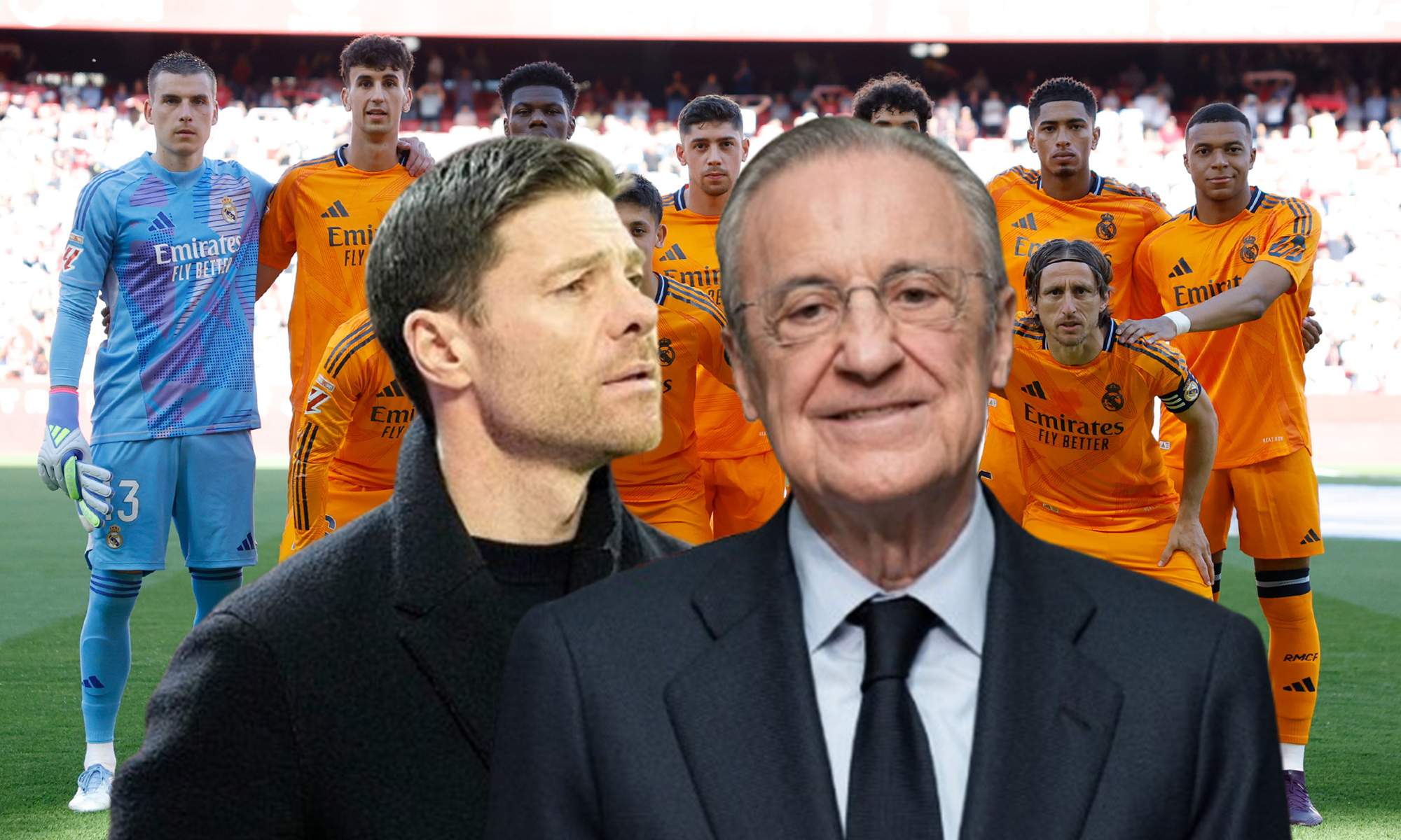 Xabi Alonso, Florentino Pérez y el once del Real Madrid contra el Sevilla. Xabi Alonso, Florentino Pérez y el once del Real Madrid contra el Sevilla.