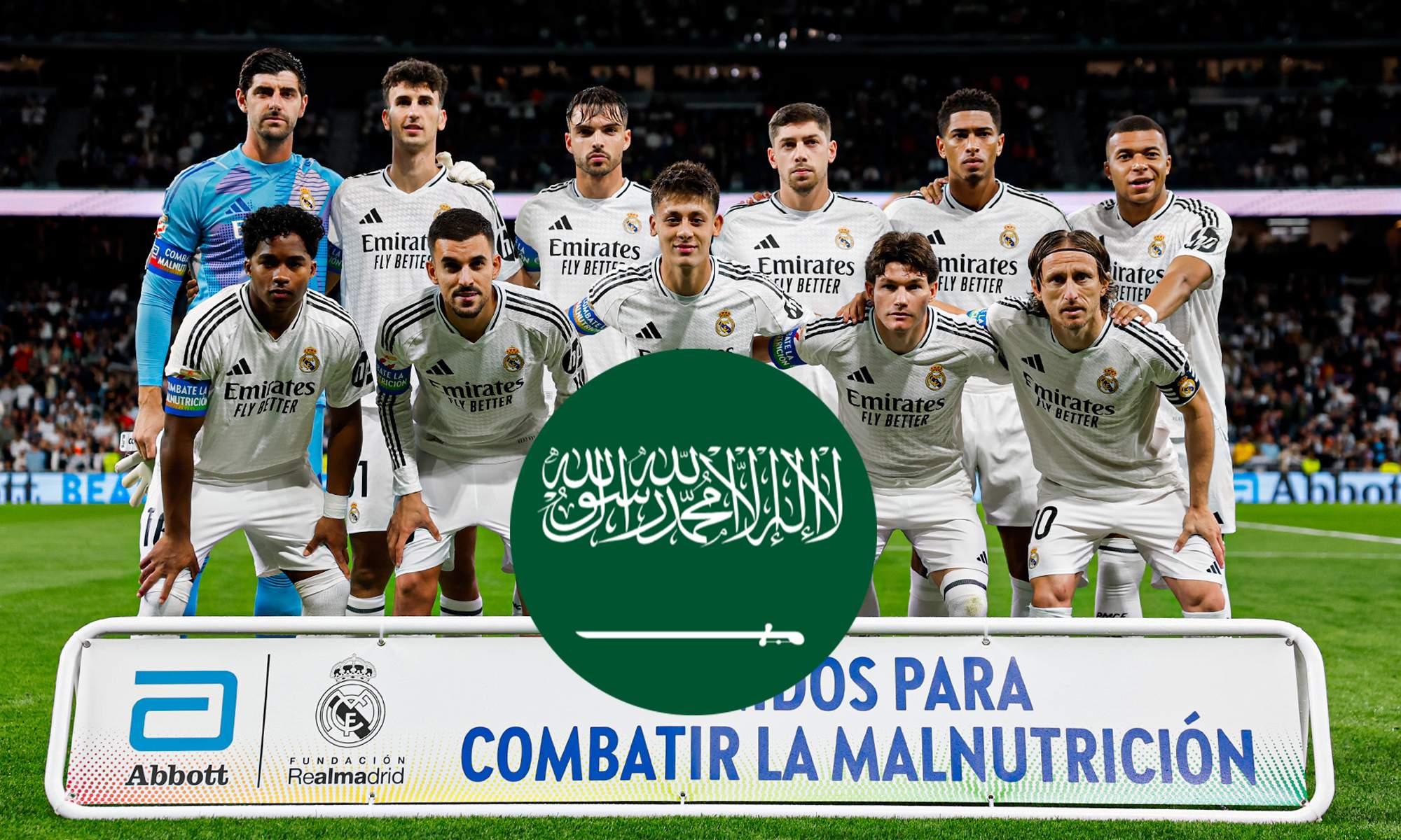 Un once del Real Madrid y la bandera de Arabia Saudí.