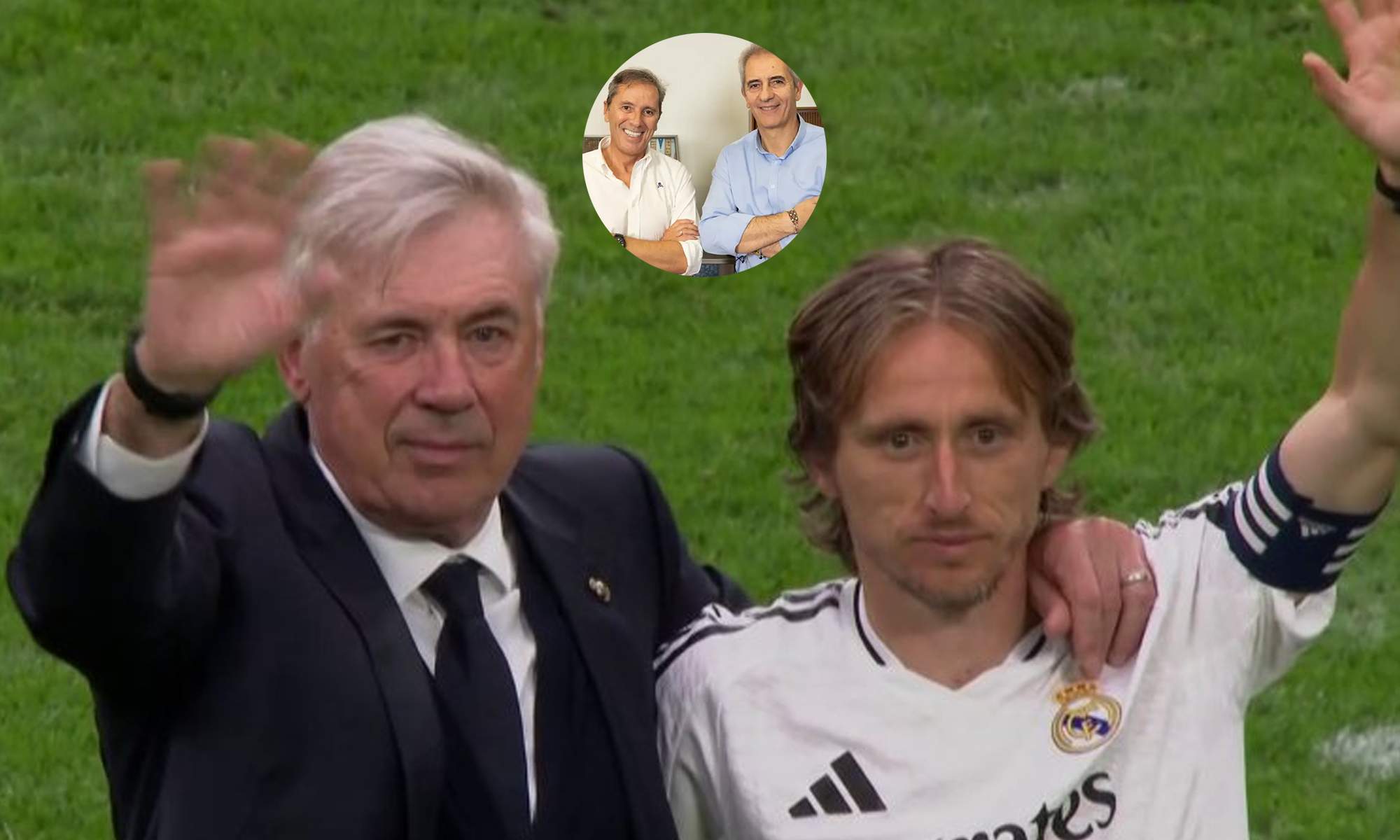 Carlo Ancelotti, Luka Modric y una foto de Paco González y Manolo Lama. 
