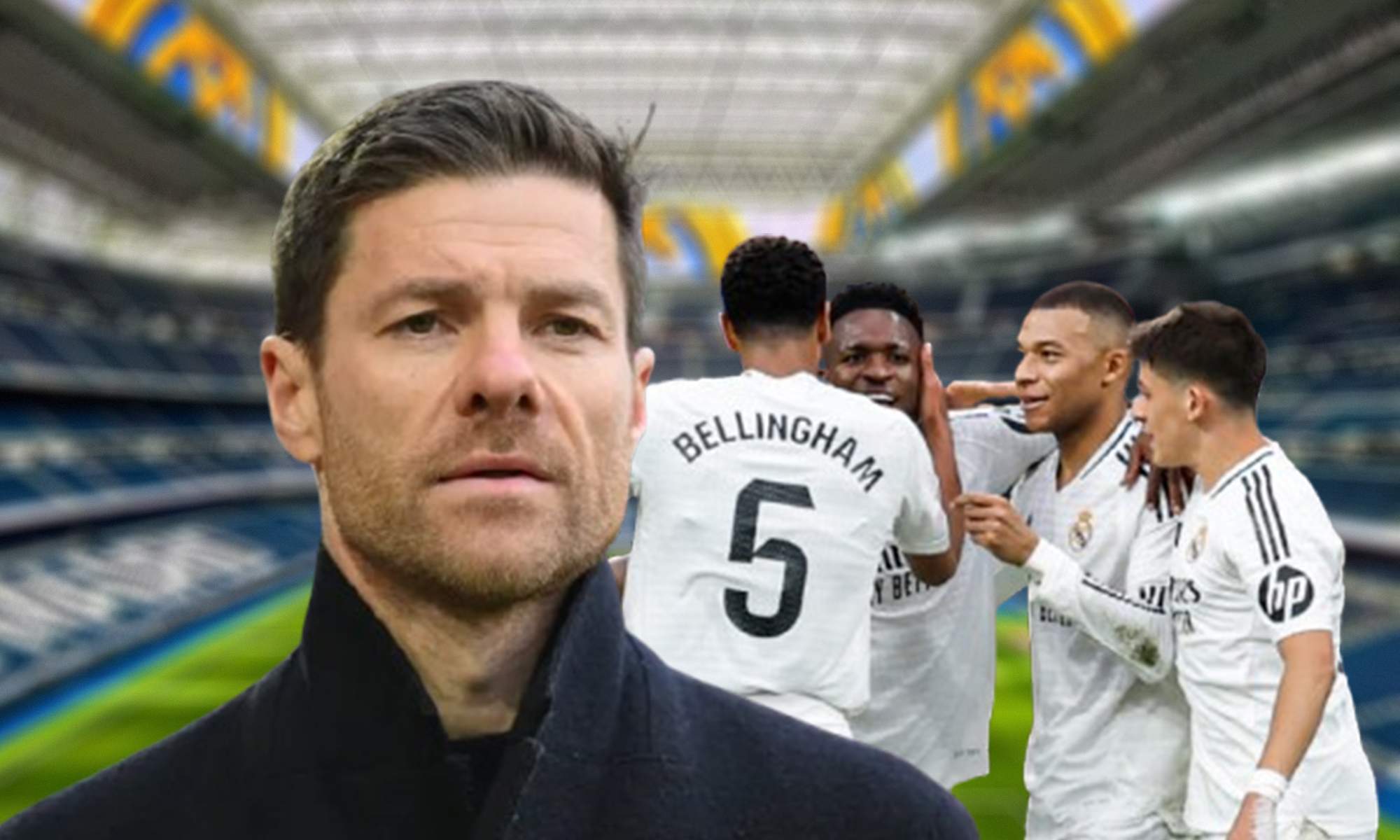 Xabi Alonso, jugadores del Real Madrid y una foto del Santiago Bernabéu.