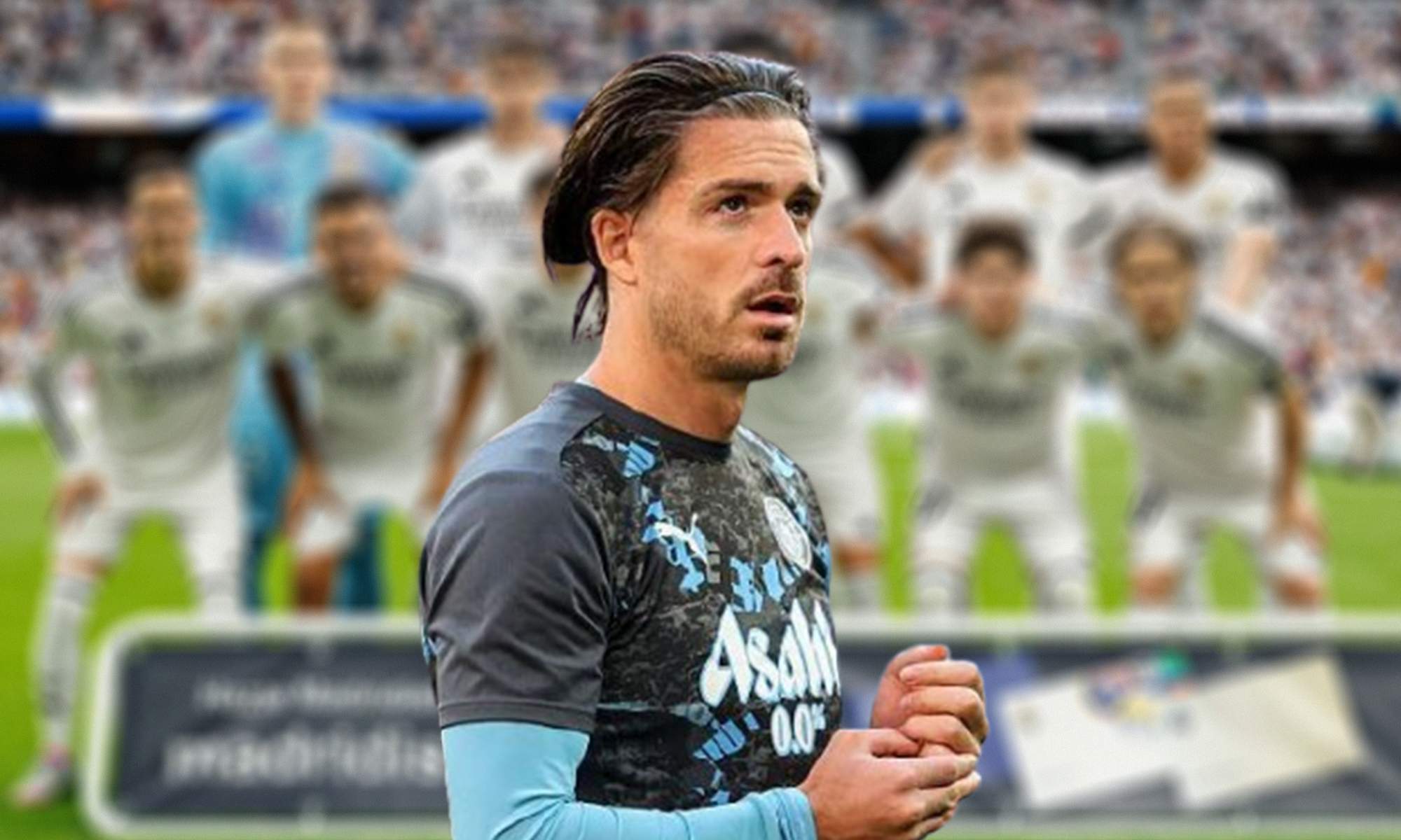 Grealish con el Manchester City y una foto borrosa de un once del Real Madrid.