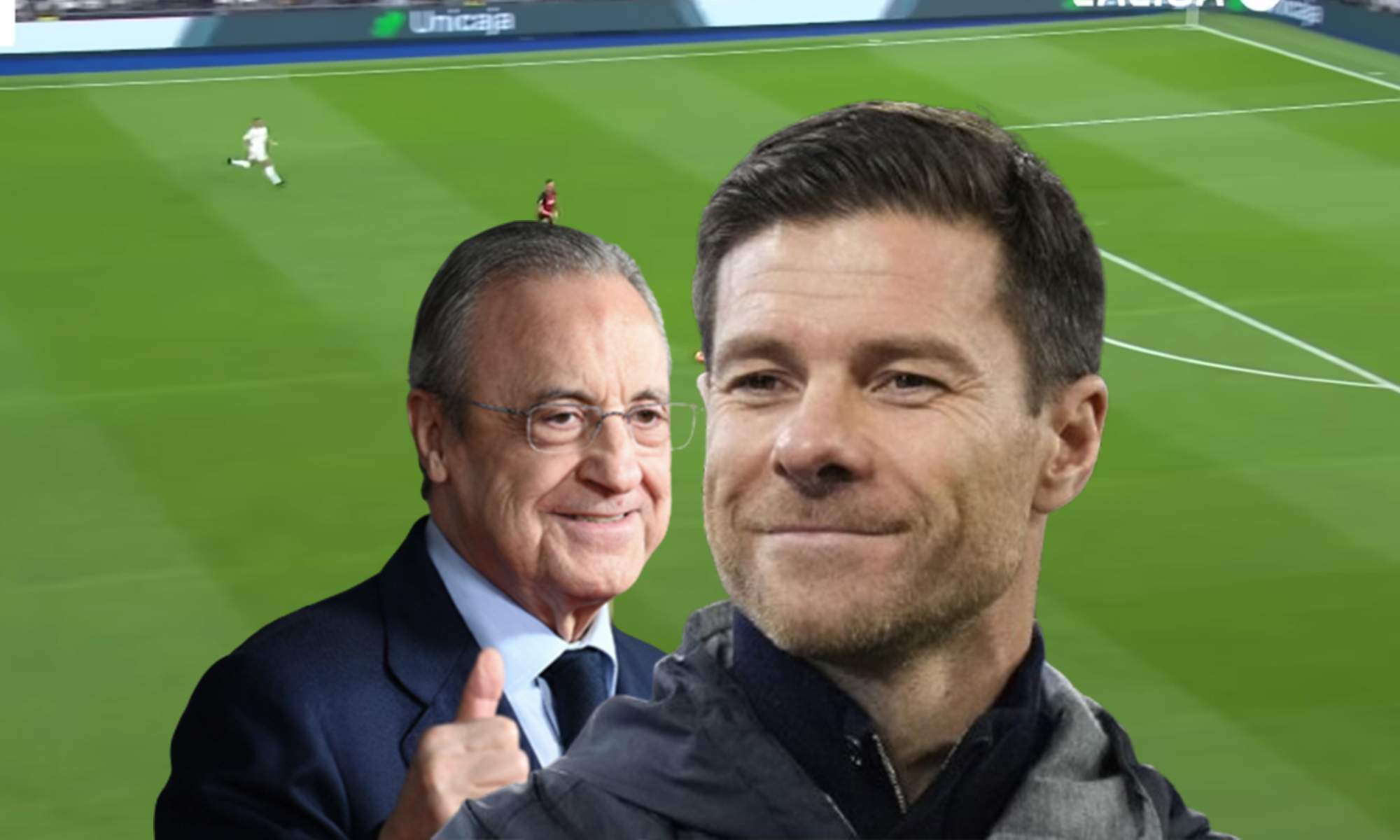 Florentino Pérez, Xabi Alonso y una captura del Real Madrid - Mallorca. 