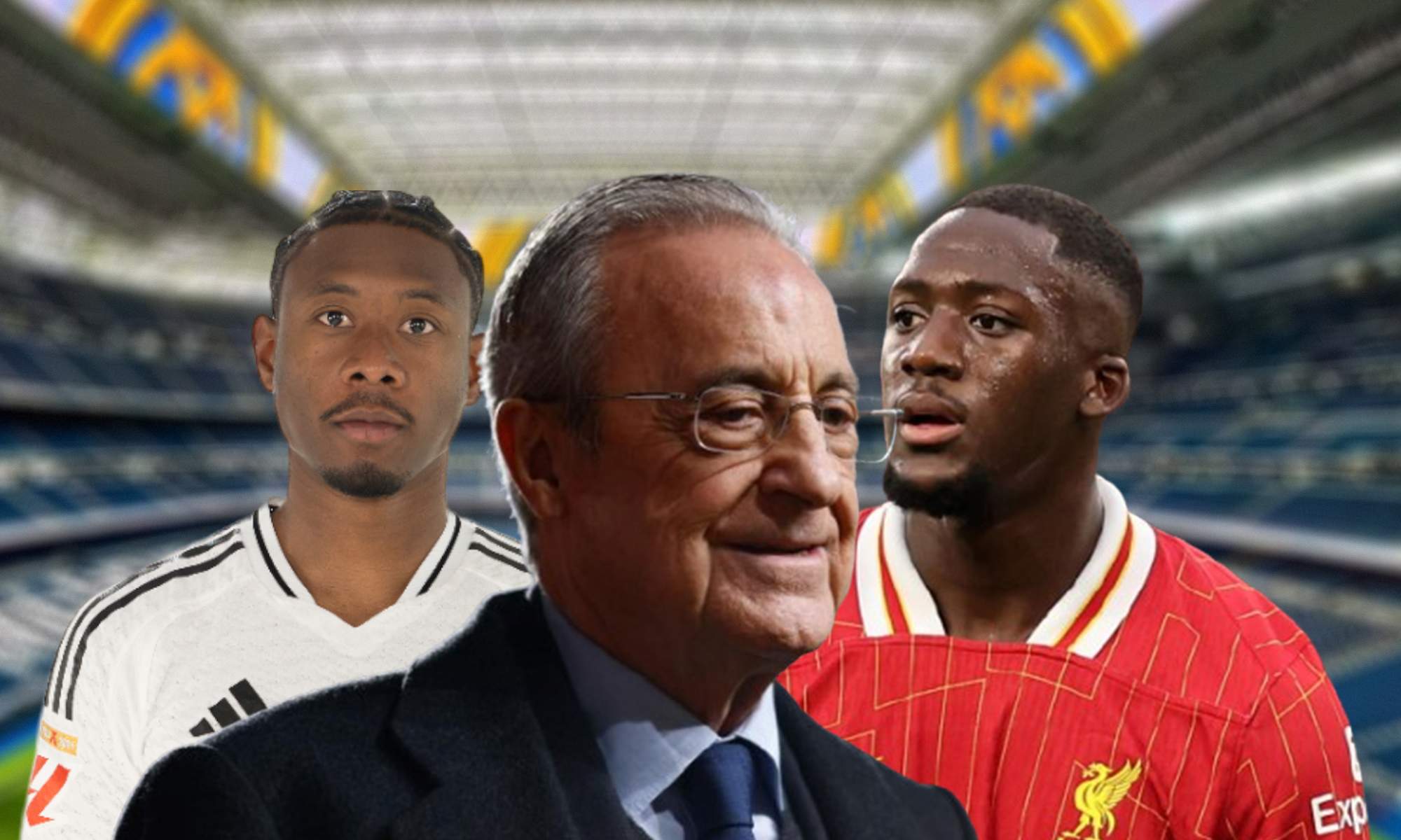 Alaba, Florentino Pérez y Konaté en el Santiago Bernabéu.