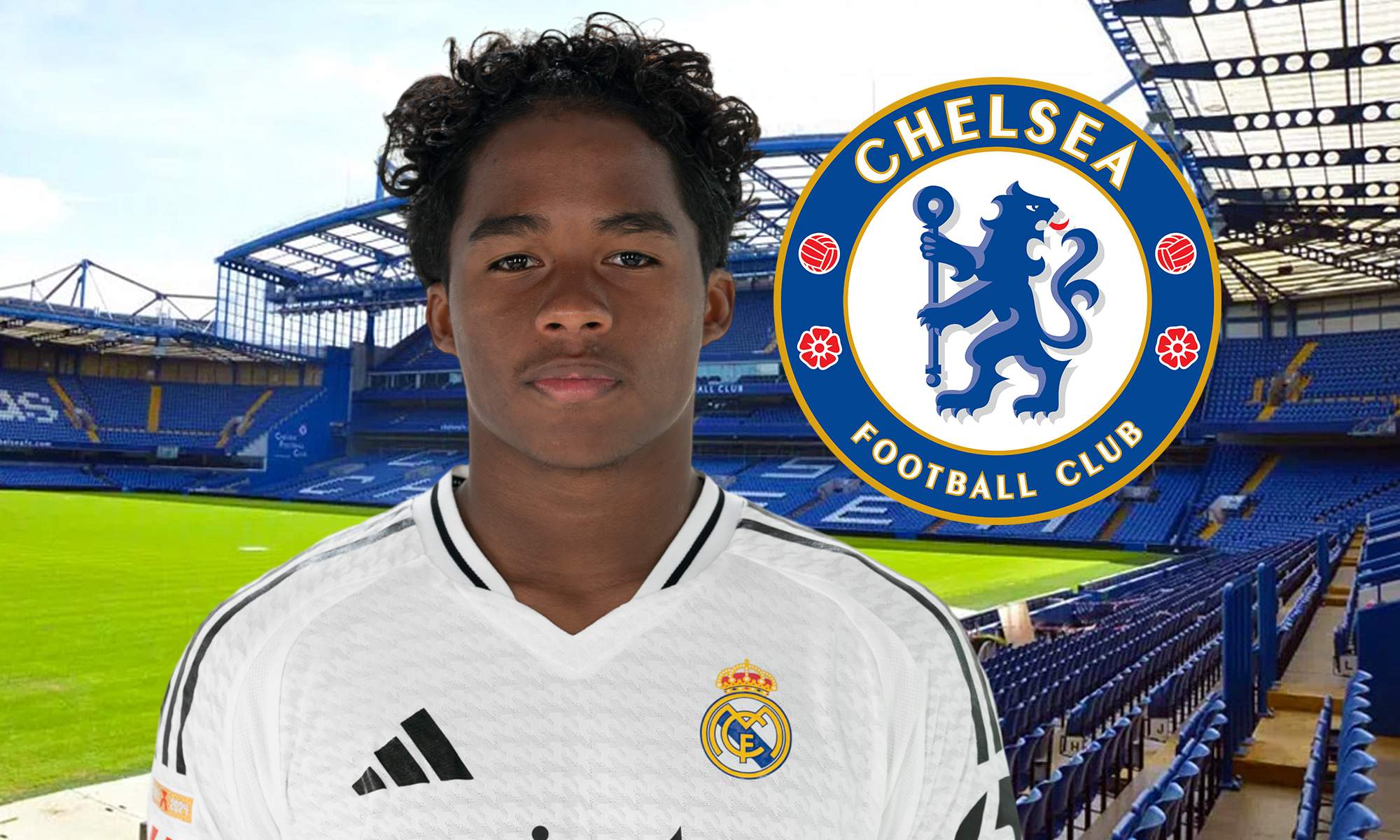 Endrick, escudo del Chelsea y Stamford Bridge. 