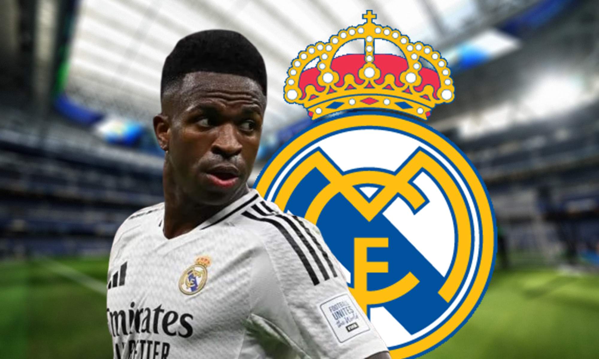Vinícius Júnior, escudo del Real Madrid y el Santiago Bernabéu. 