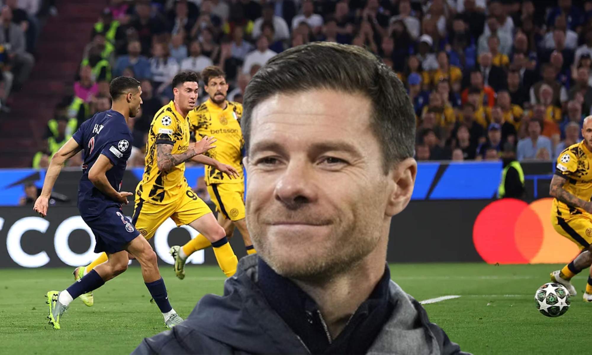 Xabi Alonso y una foto del Paris Saint-Germain - Inter de Milán en la final de la Champions League.