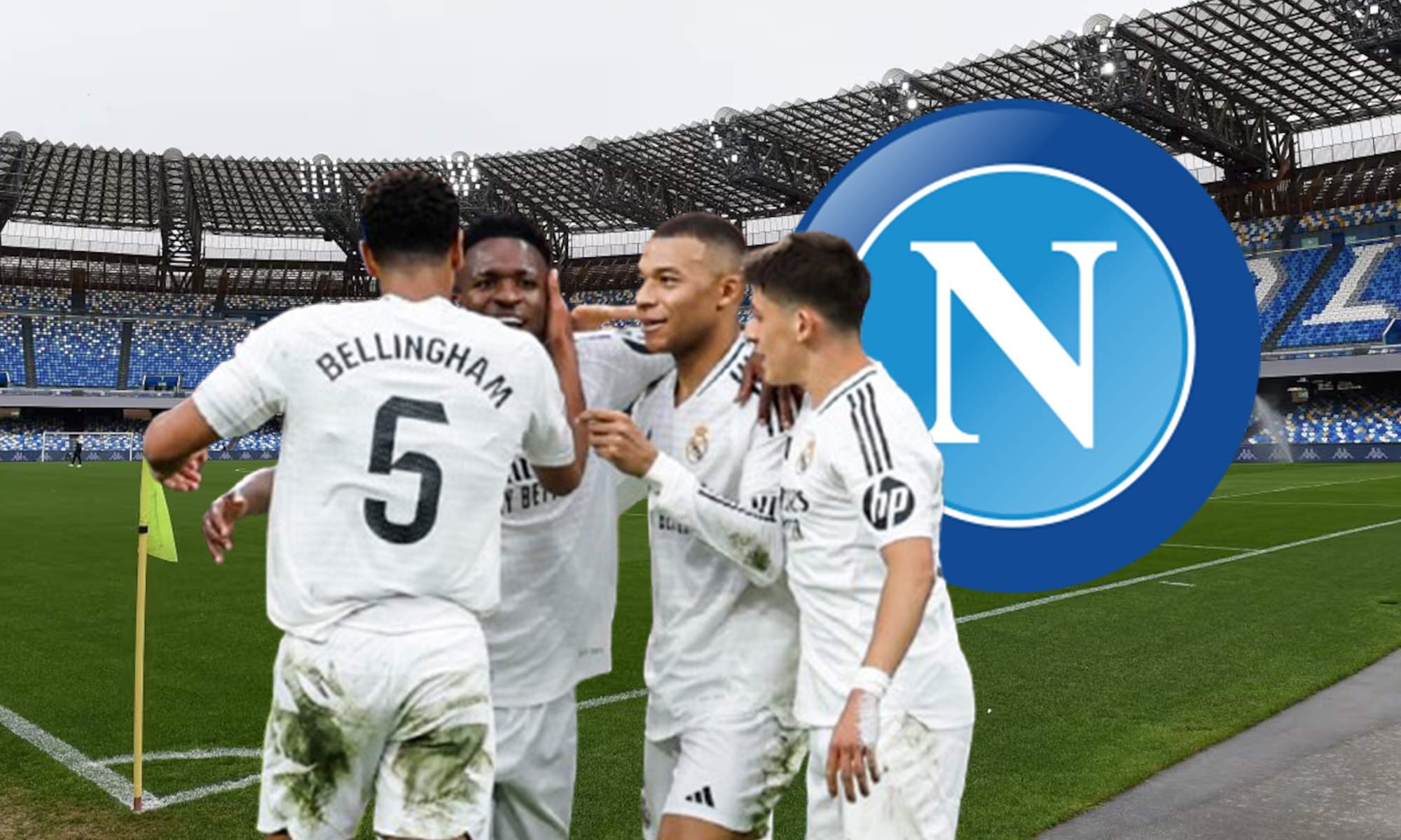 Jugadores del Real Madrid celebrando un gol y la foto del escudo del Nápoles. 