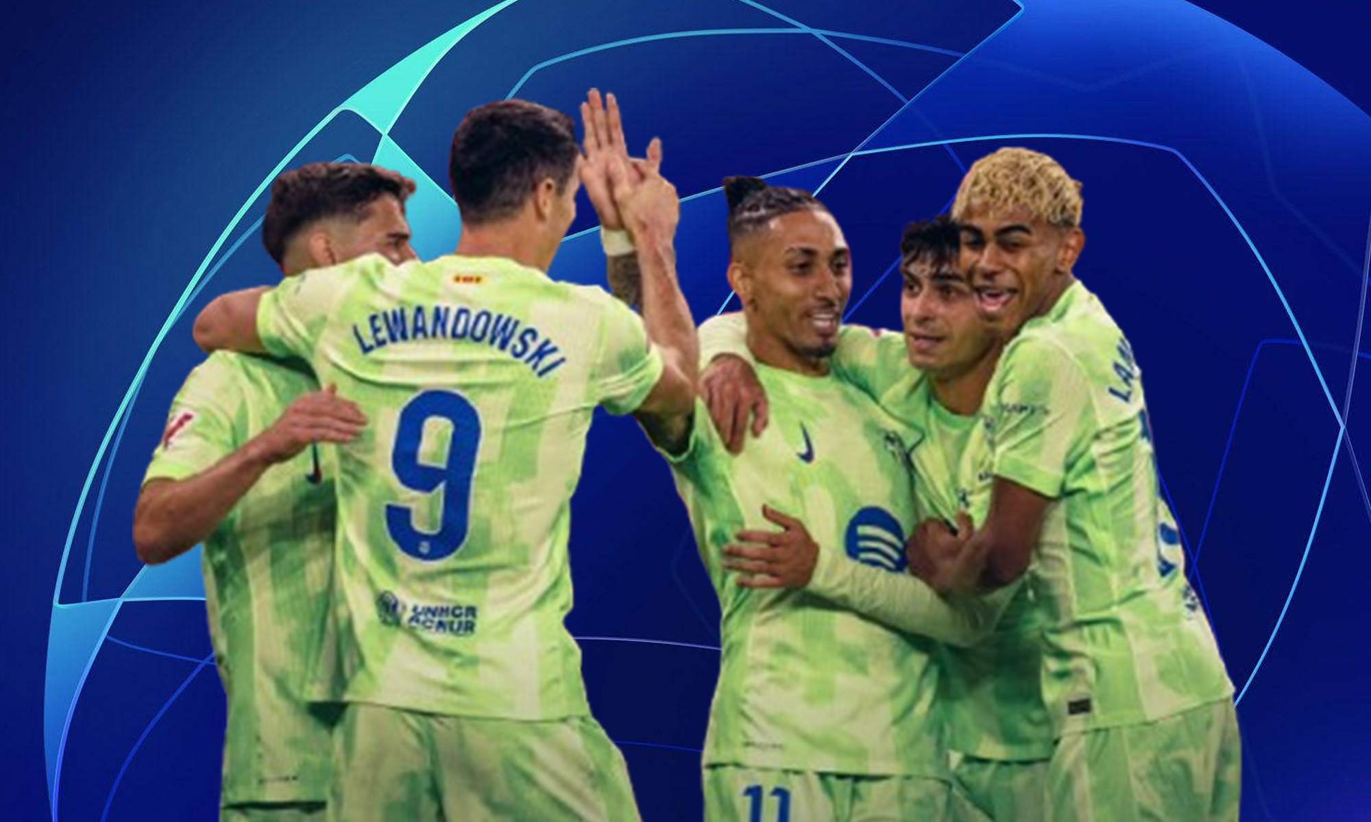Jugadores del Barcelona y un wallpaper de la UEFA.