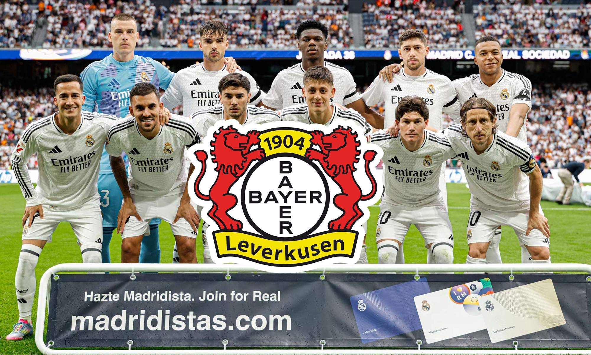 Escudo del Bayer Leverkusen y un once del Real Madrid.  Escudo del Bayer Leverkusen y un once del Real Madrid.