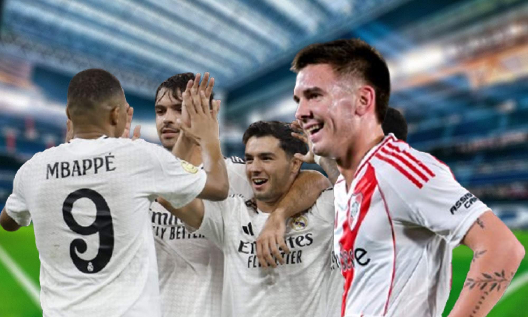 Franco Mastantuono y jugadores del Real Madrid celebrando un gol. 