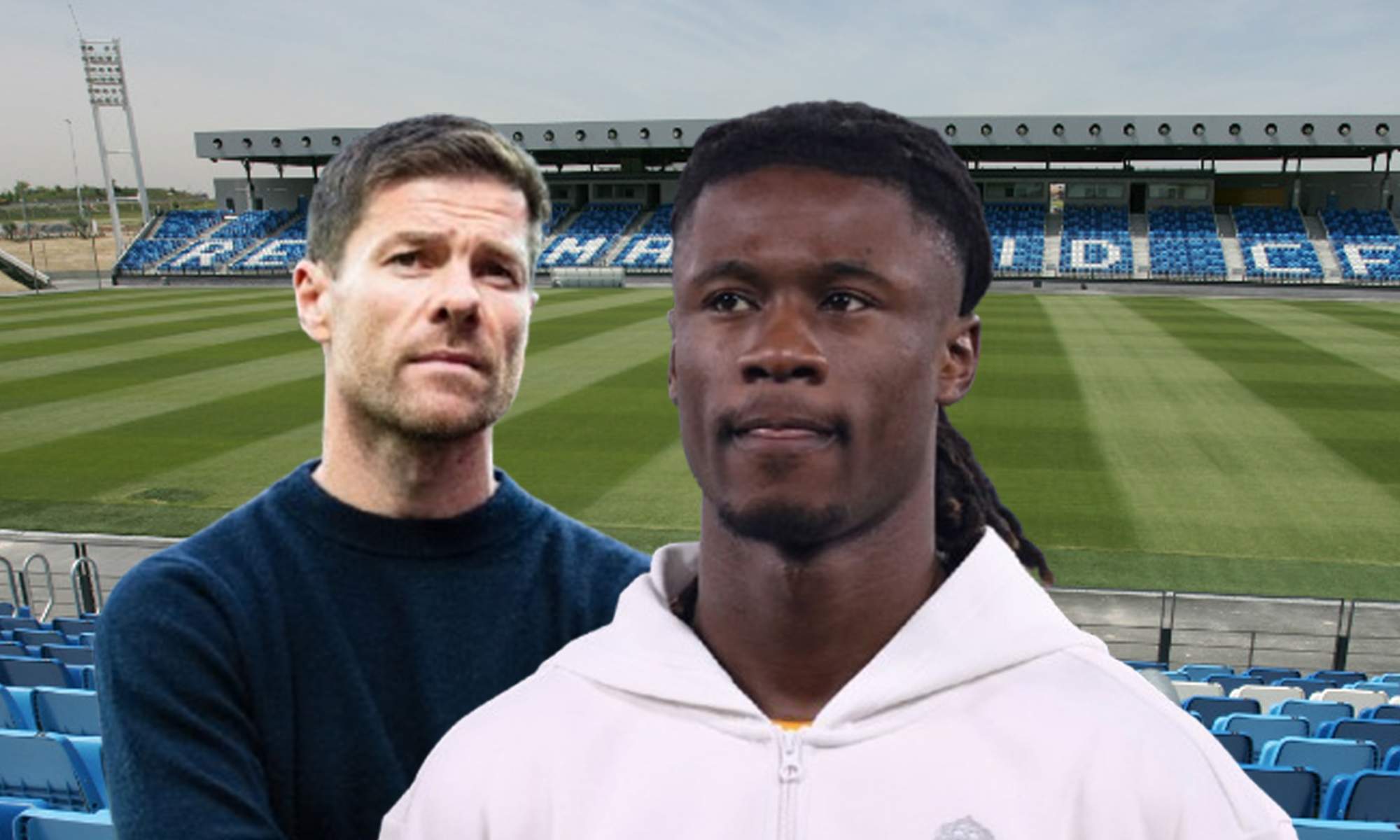 Xabi Alonso, Eduardo Camavinga y un campo de Valdebebas.  Xabi Alonso, Eduardo Camavinga y un campo de Valdebebas.