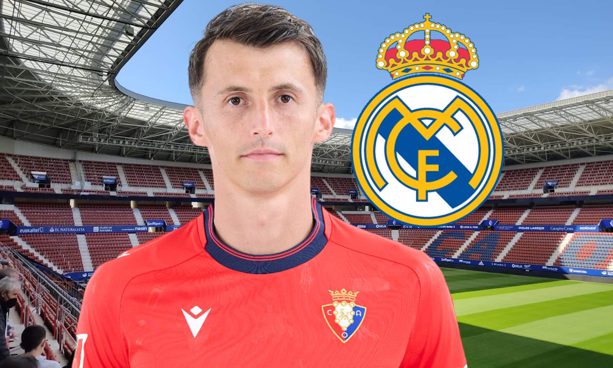 Ante Budimir, escudo del Real Madrid y El Sadar. 
