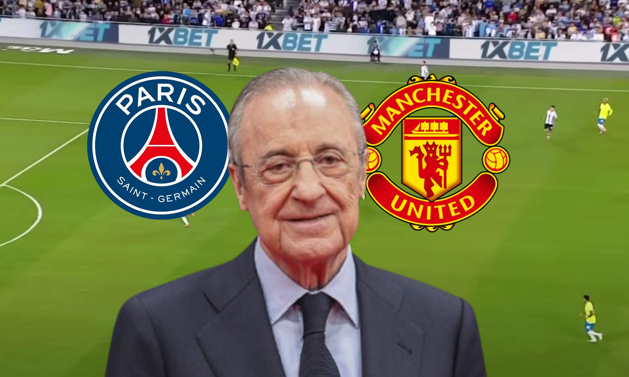 Florentino Pérez con los escudos del Paris Saint-Germain y el Manchester United.
