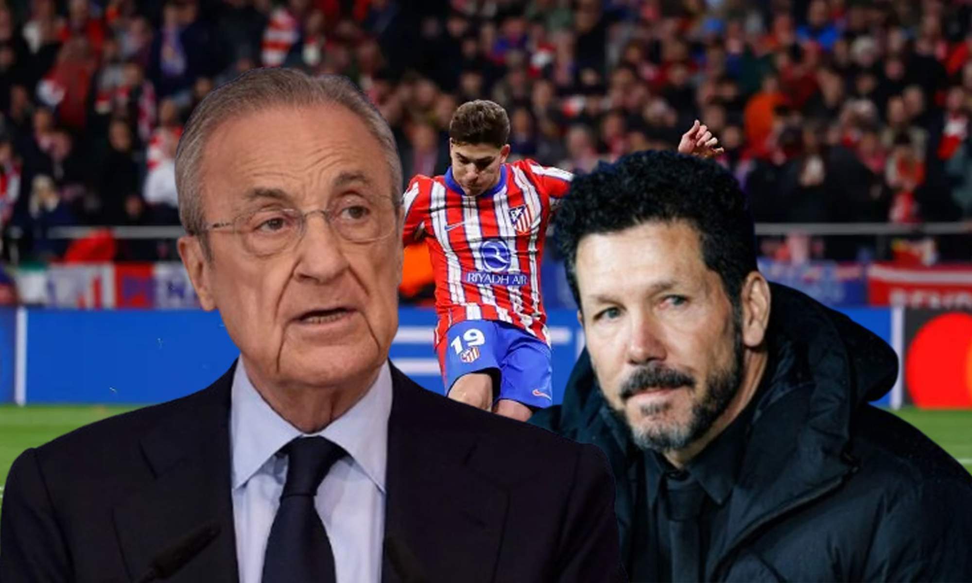Florentino Pérez, Cholo Simeone y foto del penalti de Julián Álvarez. 