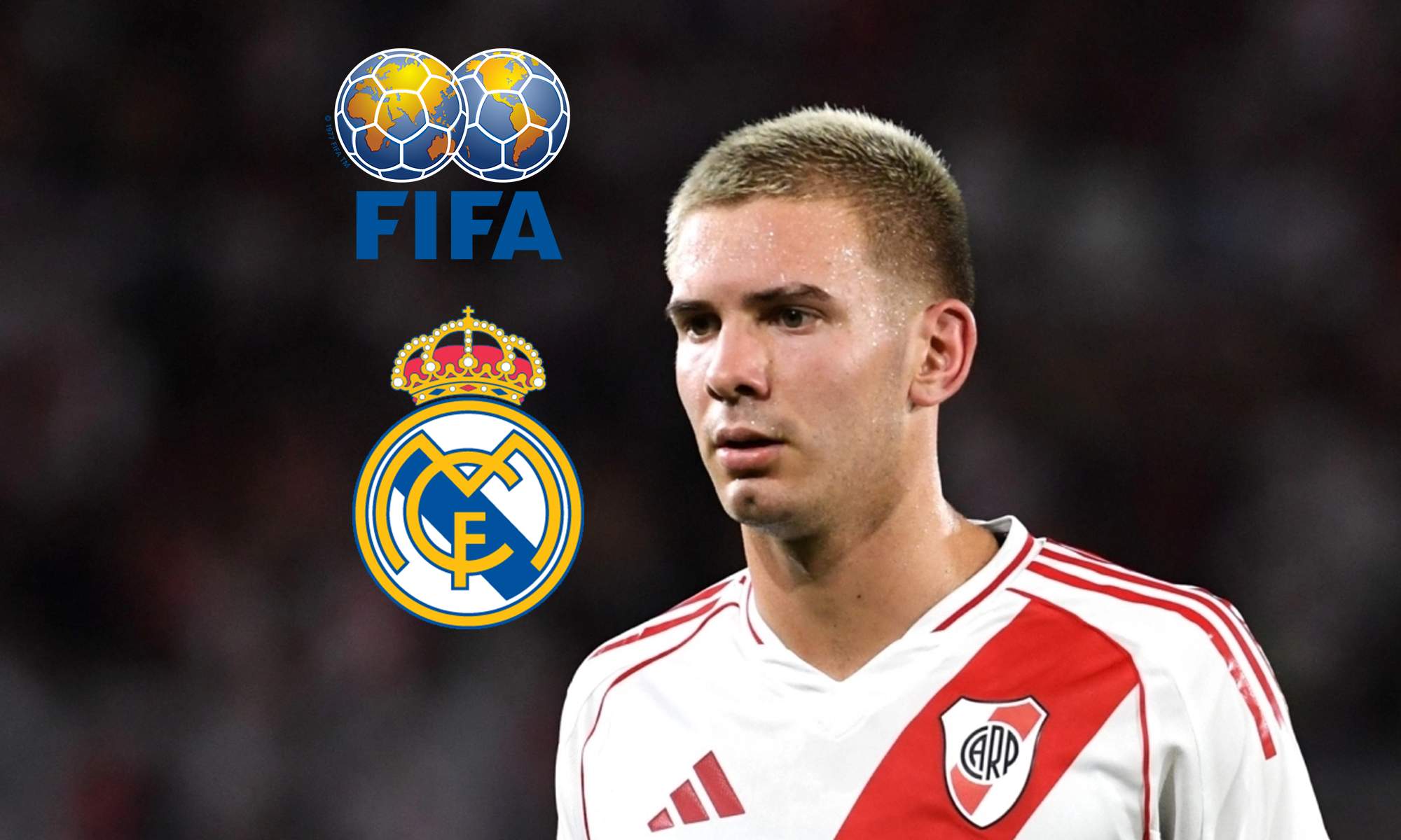 Franco Mastantuono, escudo del Real Madrid y logo de la FIFA.  Franco Mastantuono, escudo del Real Madrid y logo de la FIFA.