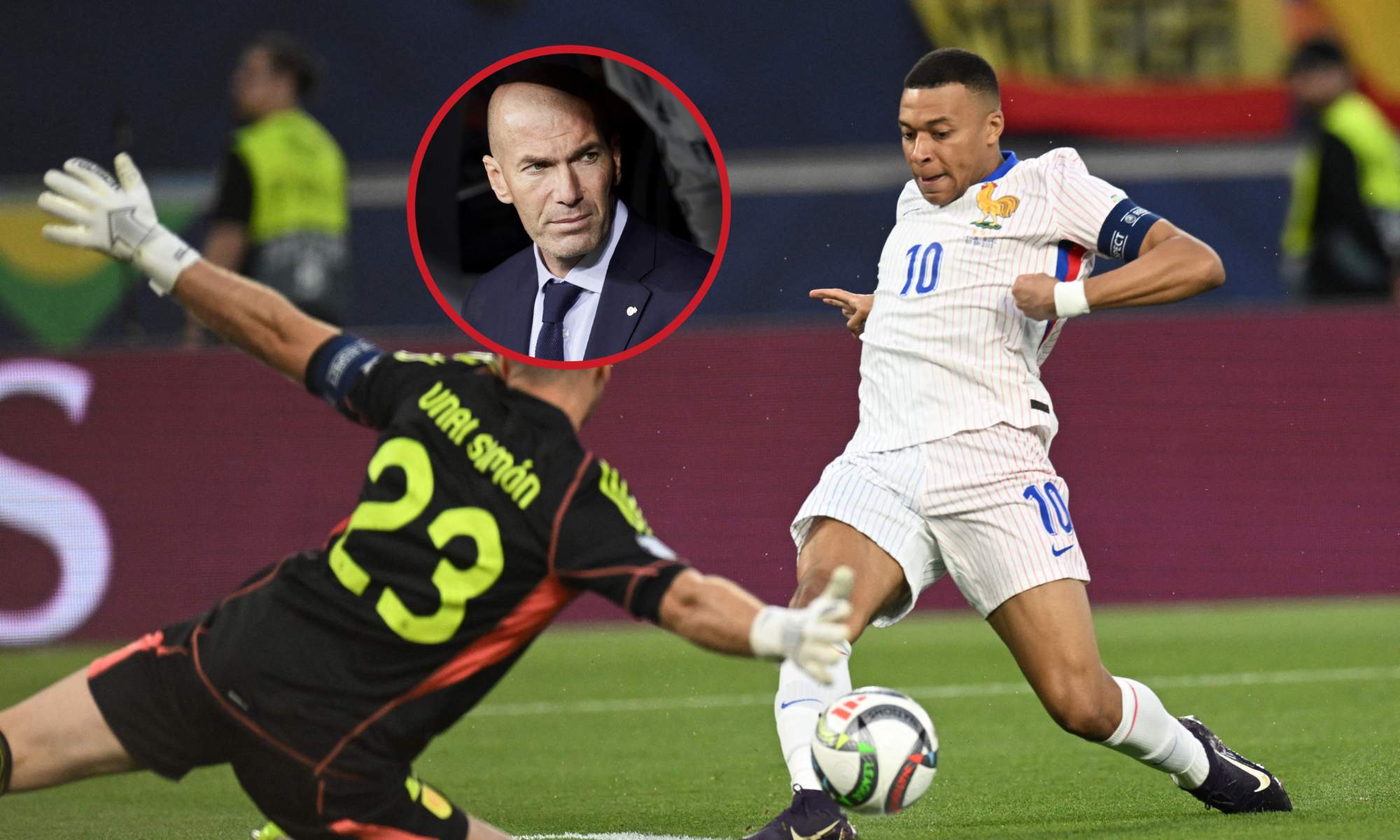 Kylian Mbappé, en un disparo ante Unai Simón durante el encuentro de Francia contra España.