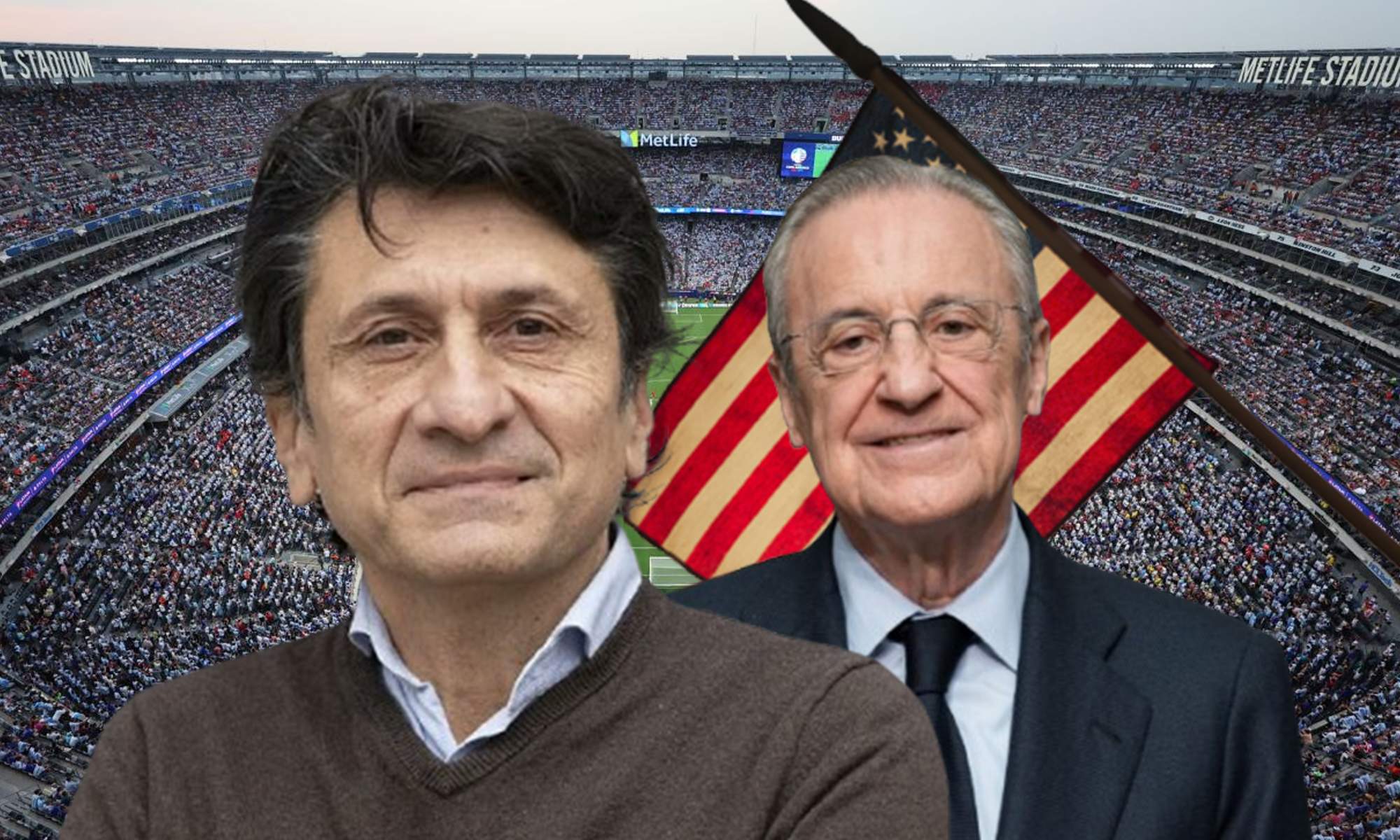 José Félix Díaz, Florentino Pérez, un estadio sede del Mundial y la bandera de Estados Unidos.