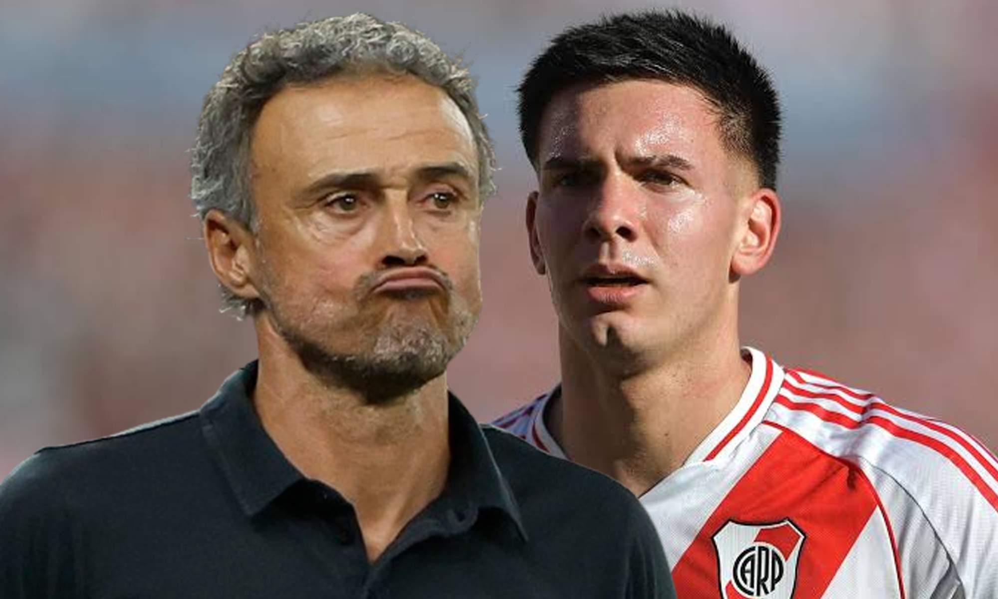 Luis Enrique y una foto de Franco Mastantuono con River Plate. 