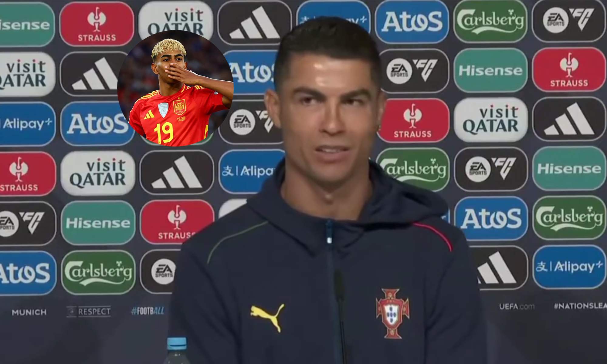 Cristiano Ronaldo en rueda de prensa con Portugal y una foto de Lamine con España. 