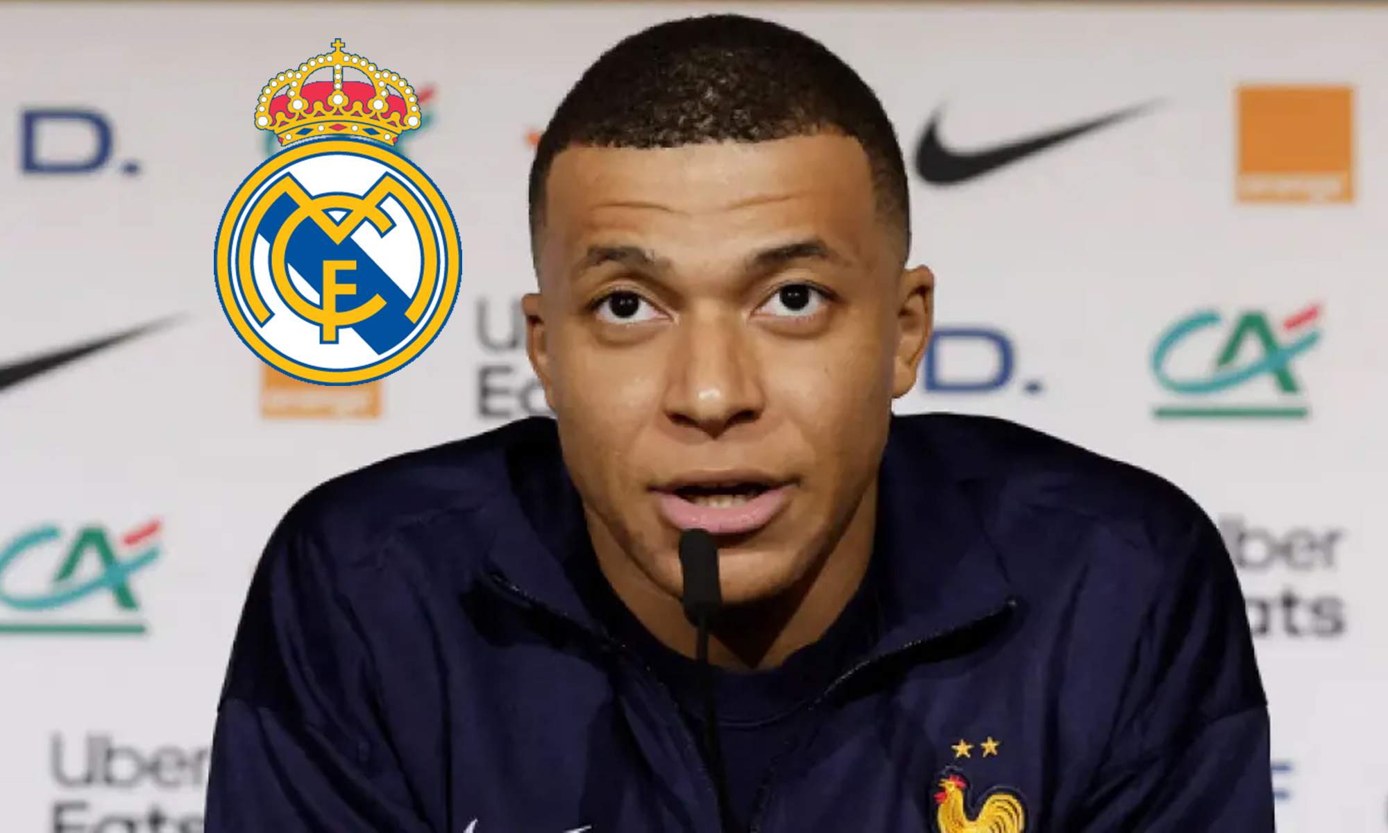 Kylian Mbappé en rueda de prensa y el escudo del Real Madrid. Kylian Mbappé en rueda de prensa y el escudo del Real Madrid.